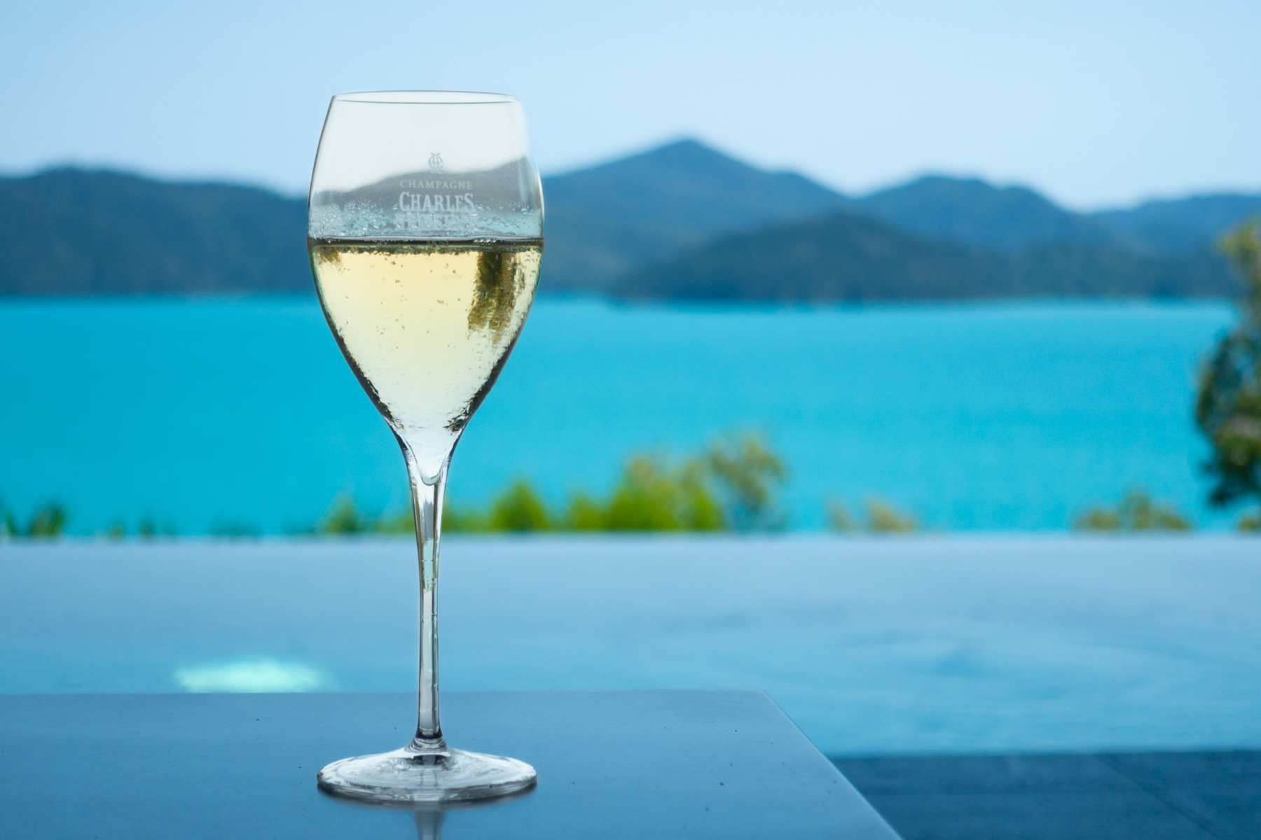 Enjoying a glass of champagne on arrival.