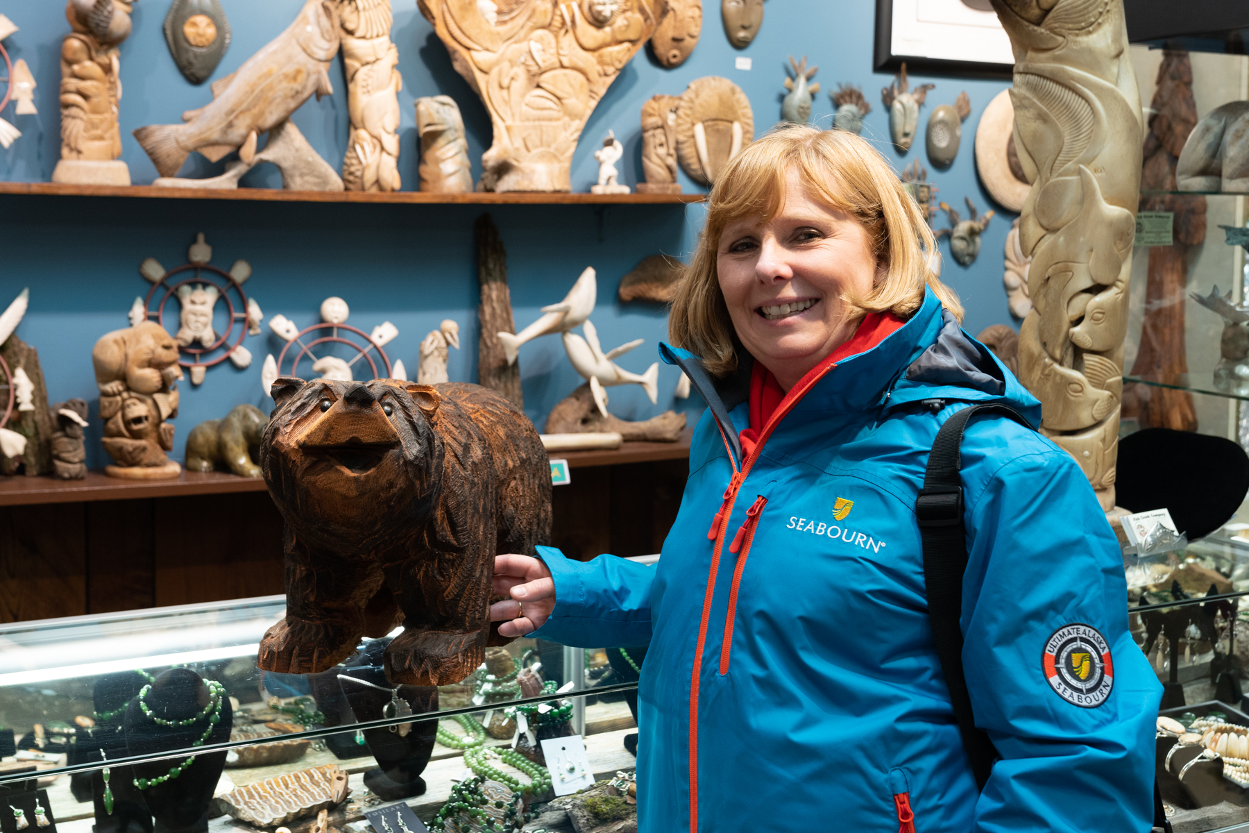 Shopping for a very cute wooden bear.