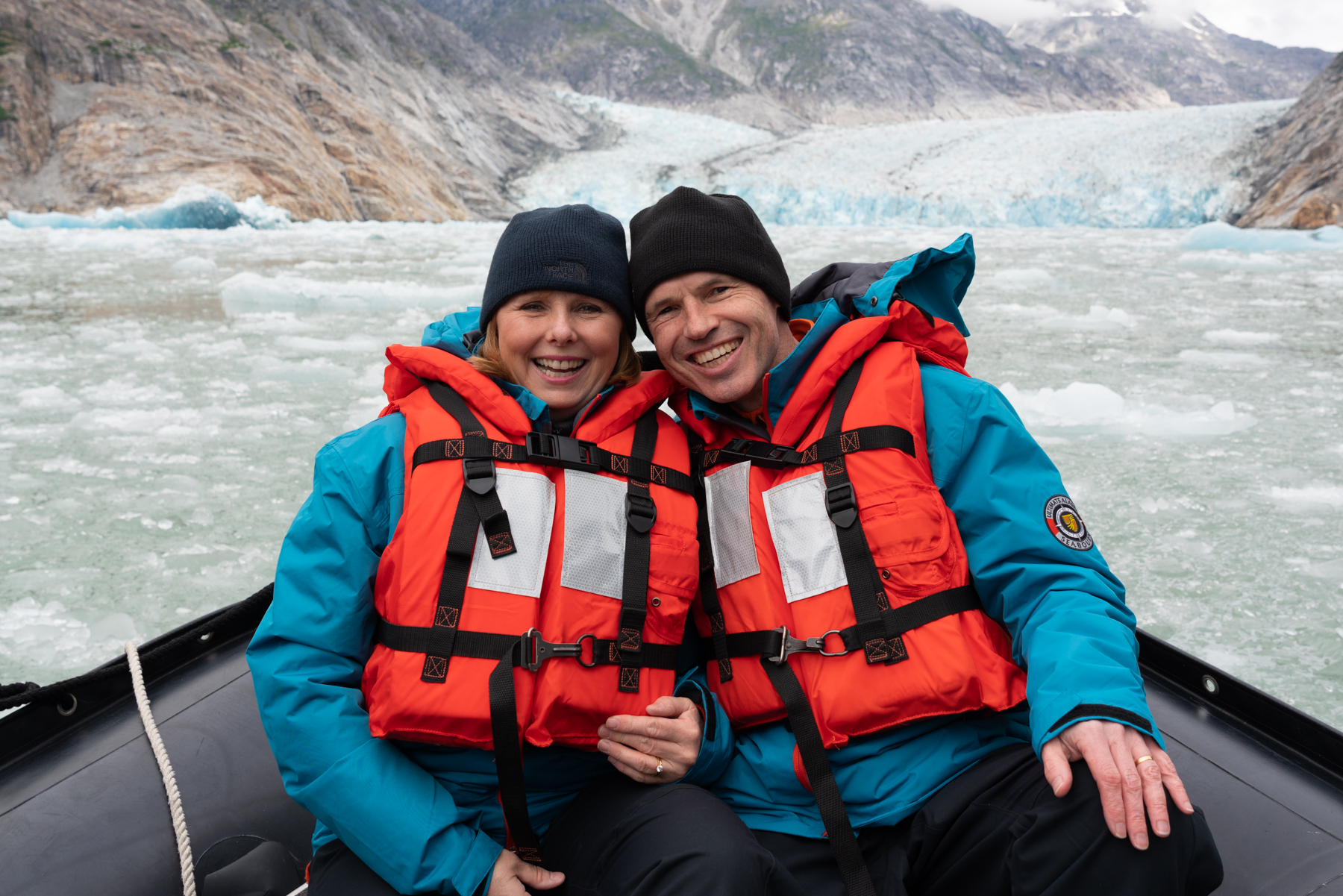 Andrea and Keith on a Zodiac at the Dawes Glacier.