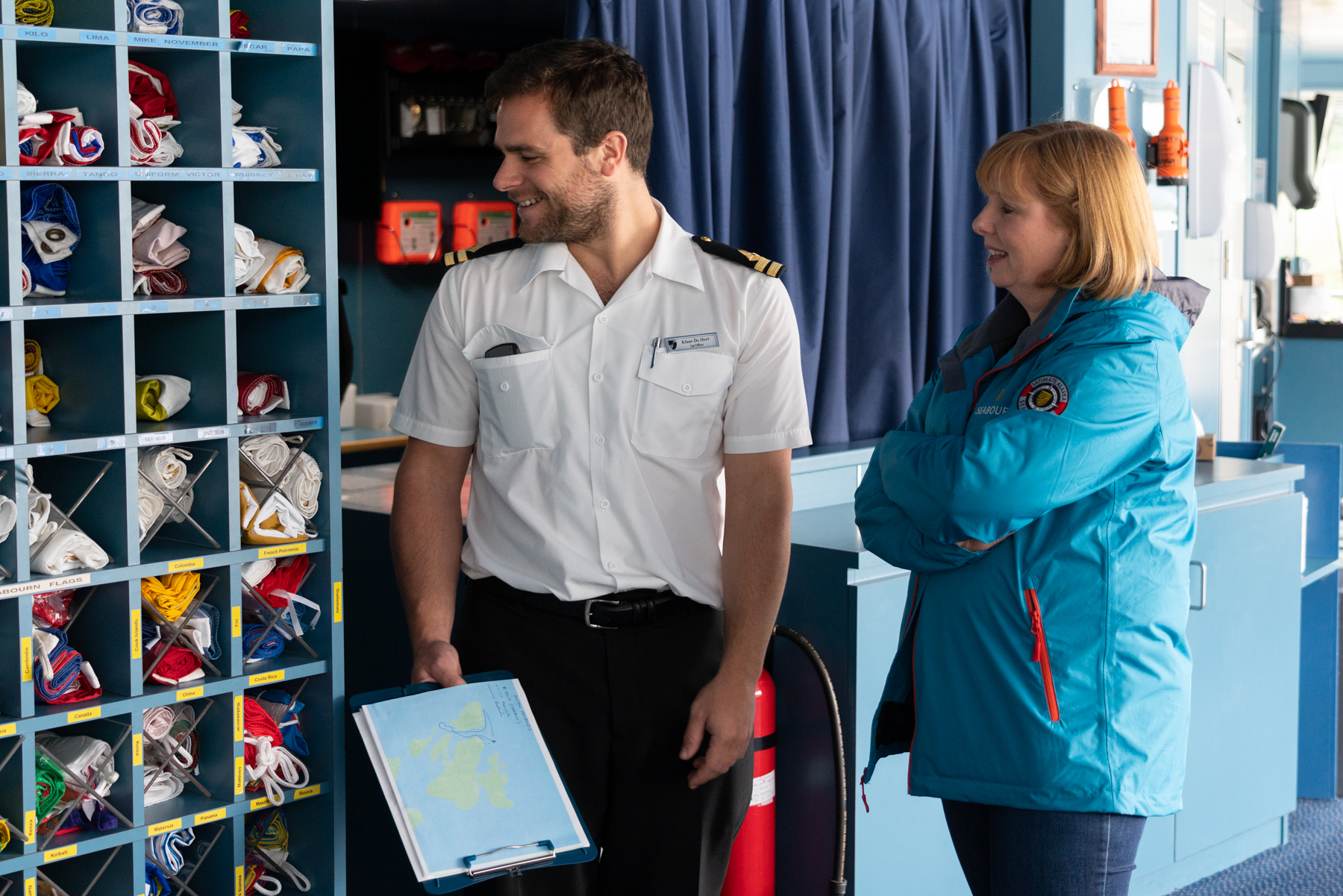 Andrea learning about maritime flags.
