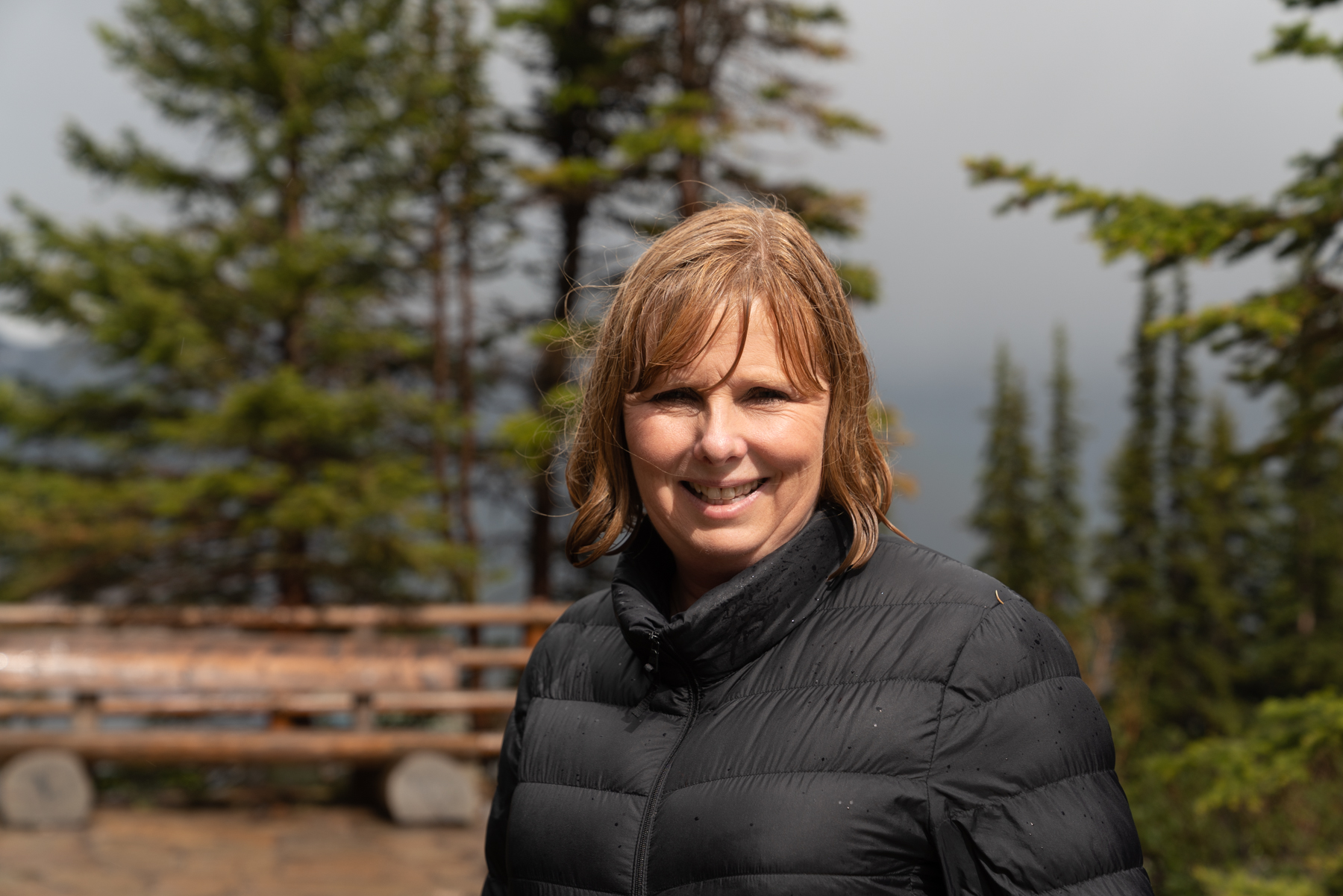 Andrea after getting drenched on the walk back down to Lake Louise.