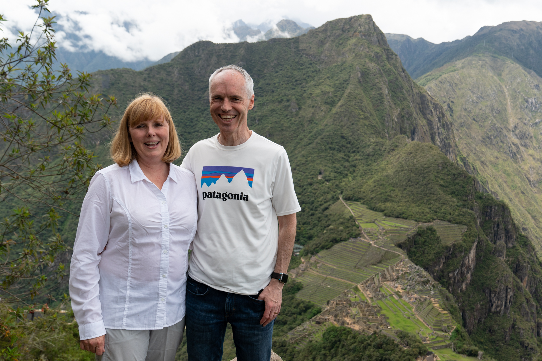 Andrea and Keith, near the top of Huayna Picchu, with the citadel in the background.