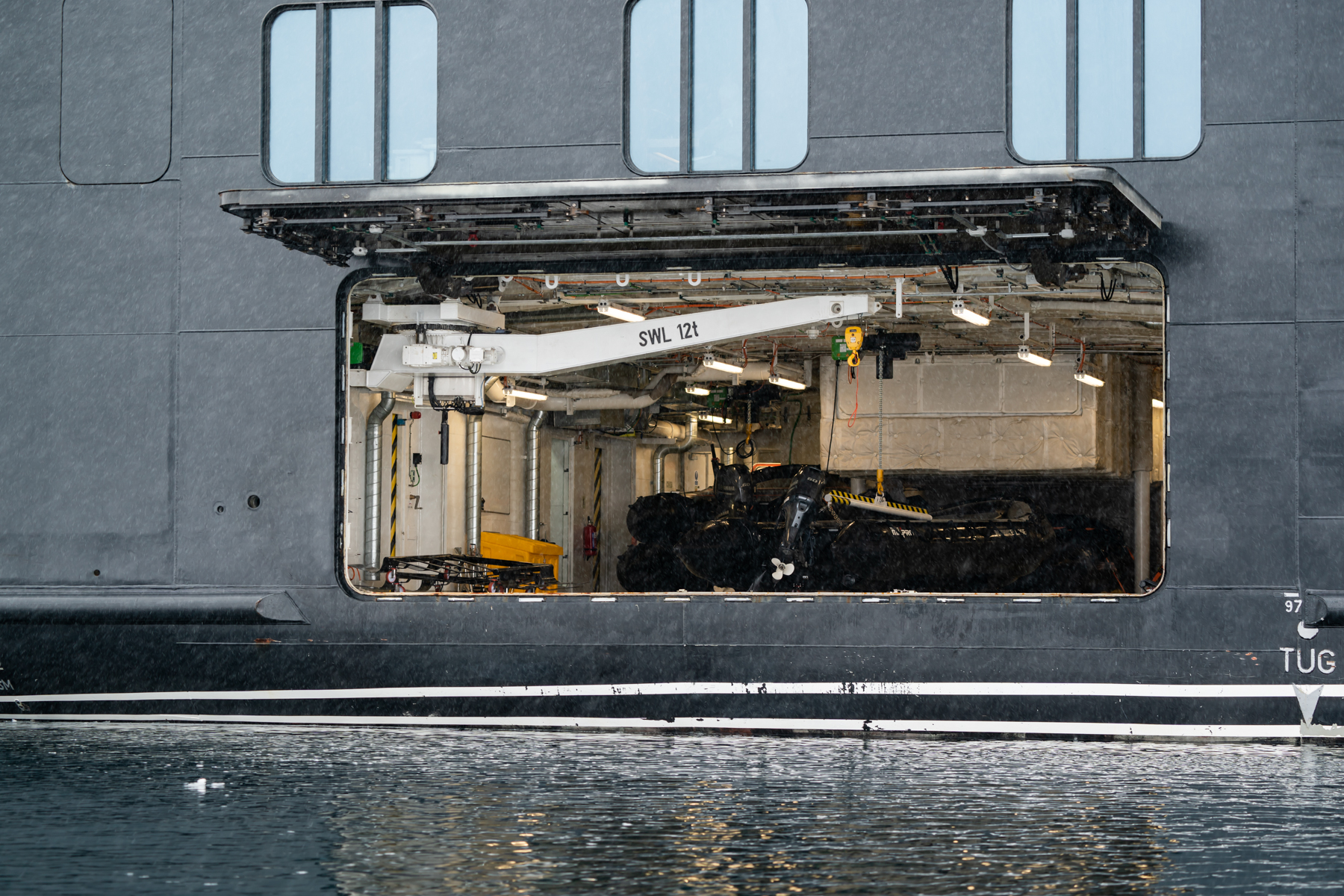 The Zodiacs, winched back on the ship at the end of the day.