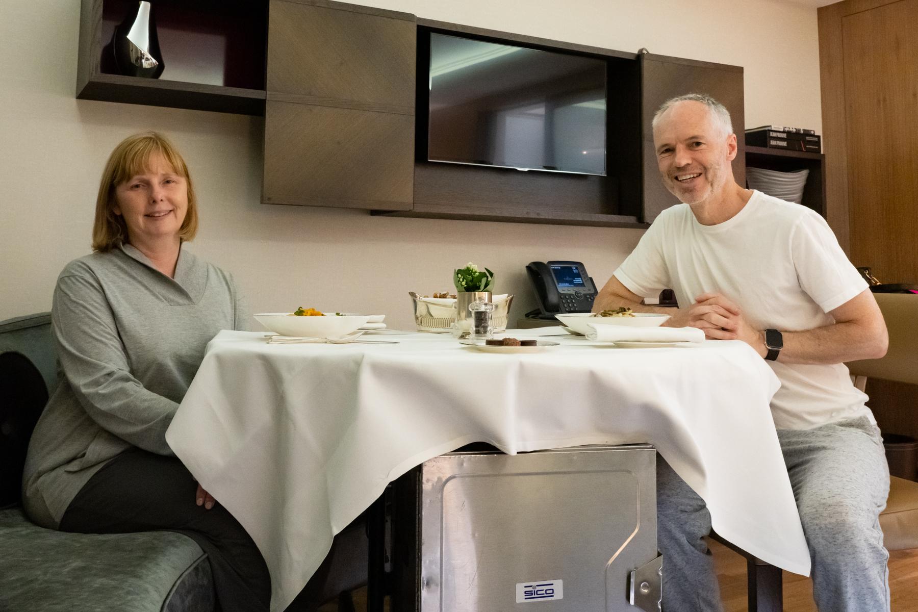 Enjoying dinner in our room at The Connaught.