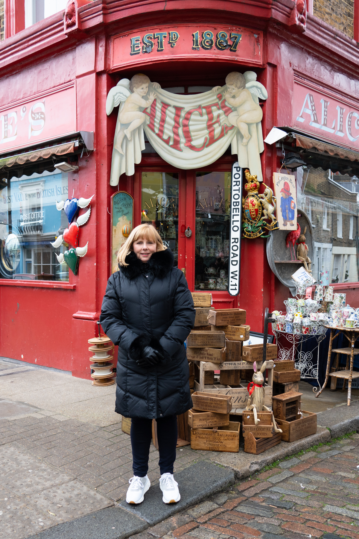 Andrea outside Alice's Antiques (Gruber's in the Paddington movies!).