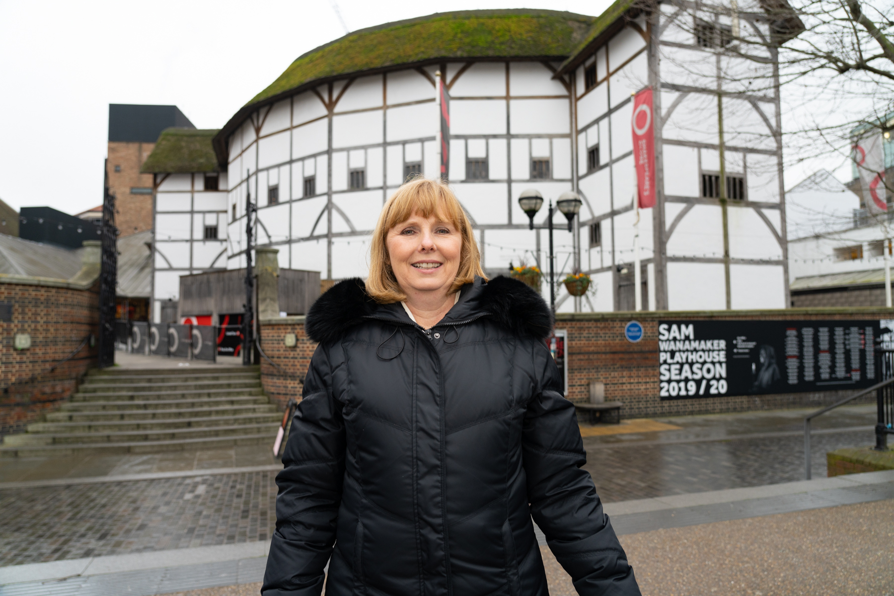 Andrea outside the Globe Theatre.
