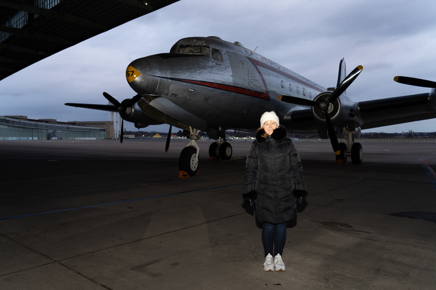 Andrea in front of an old C-54 troop carrier.