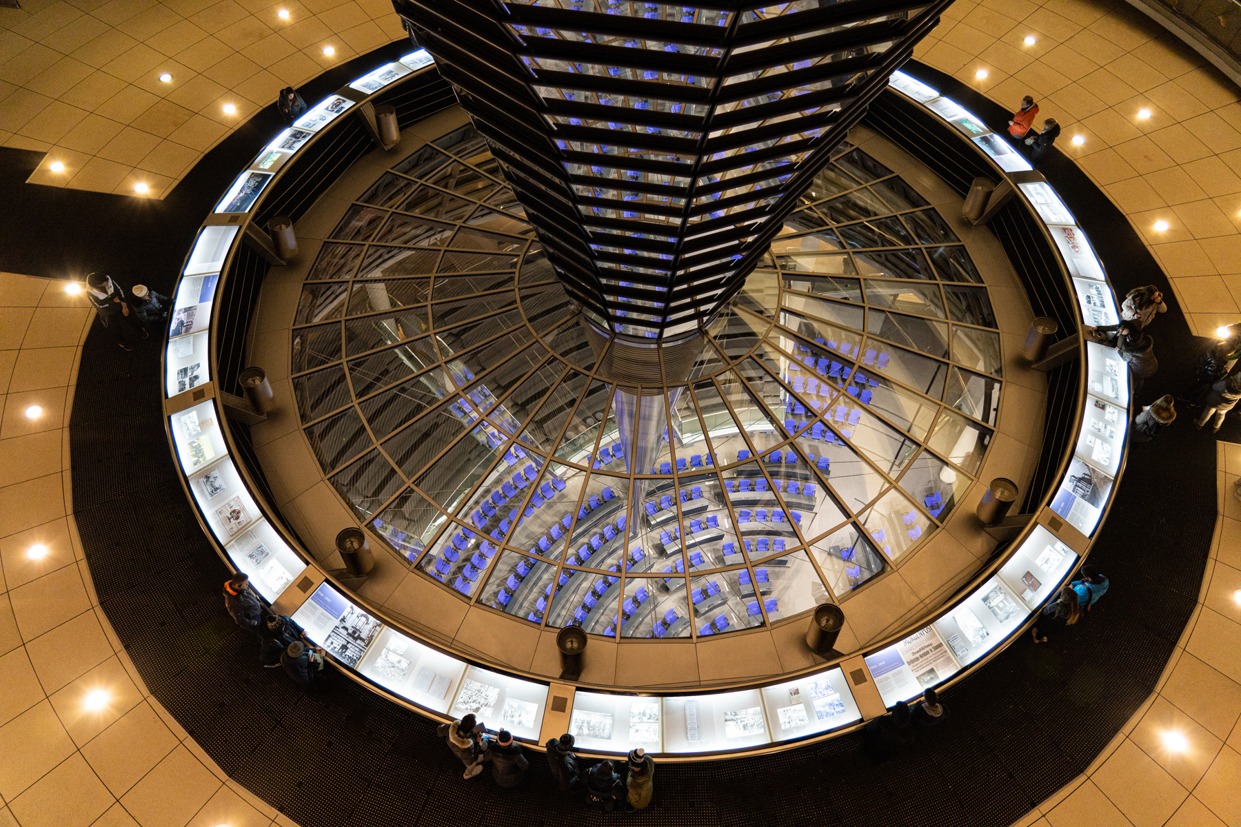 Inside the Reichstag, looking down inside the Norman Foster glass dome.