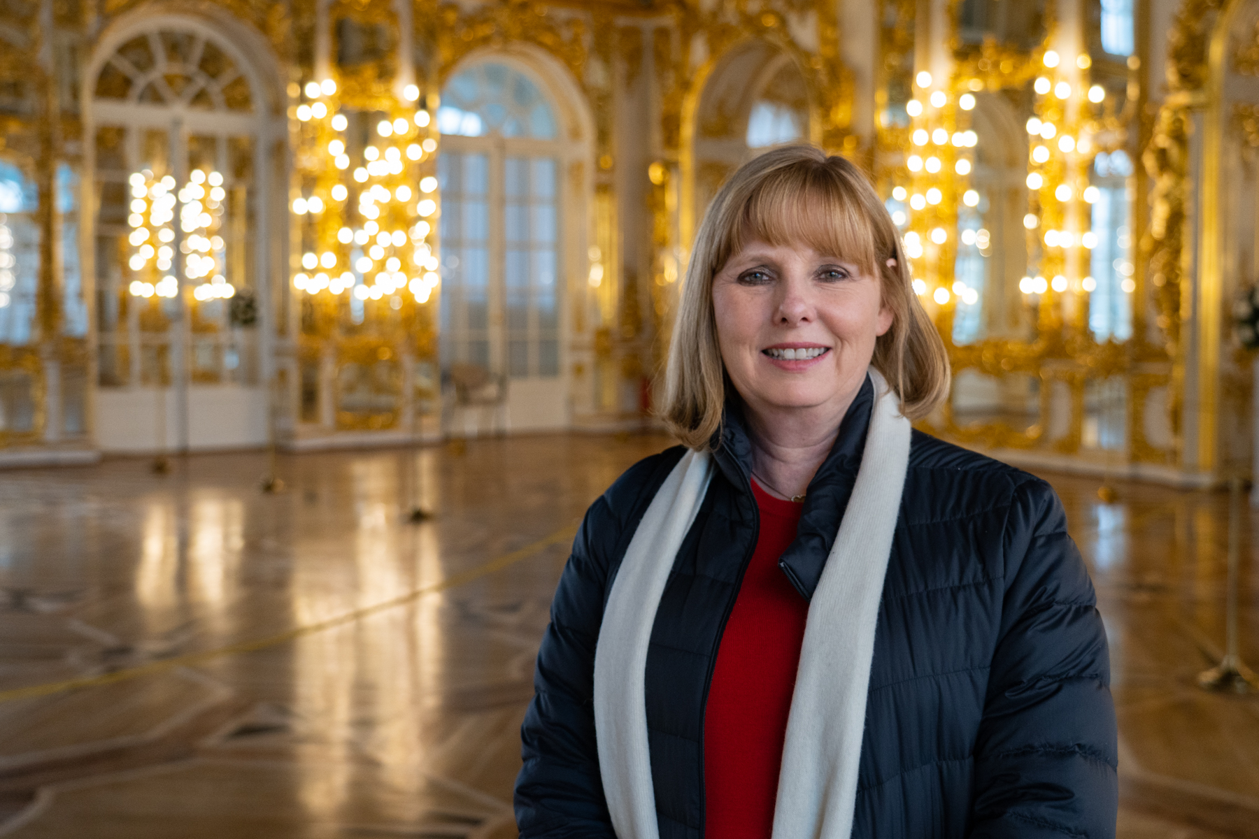 Andrea in the ballroom at the Catherine Palace.