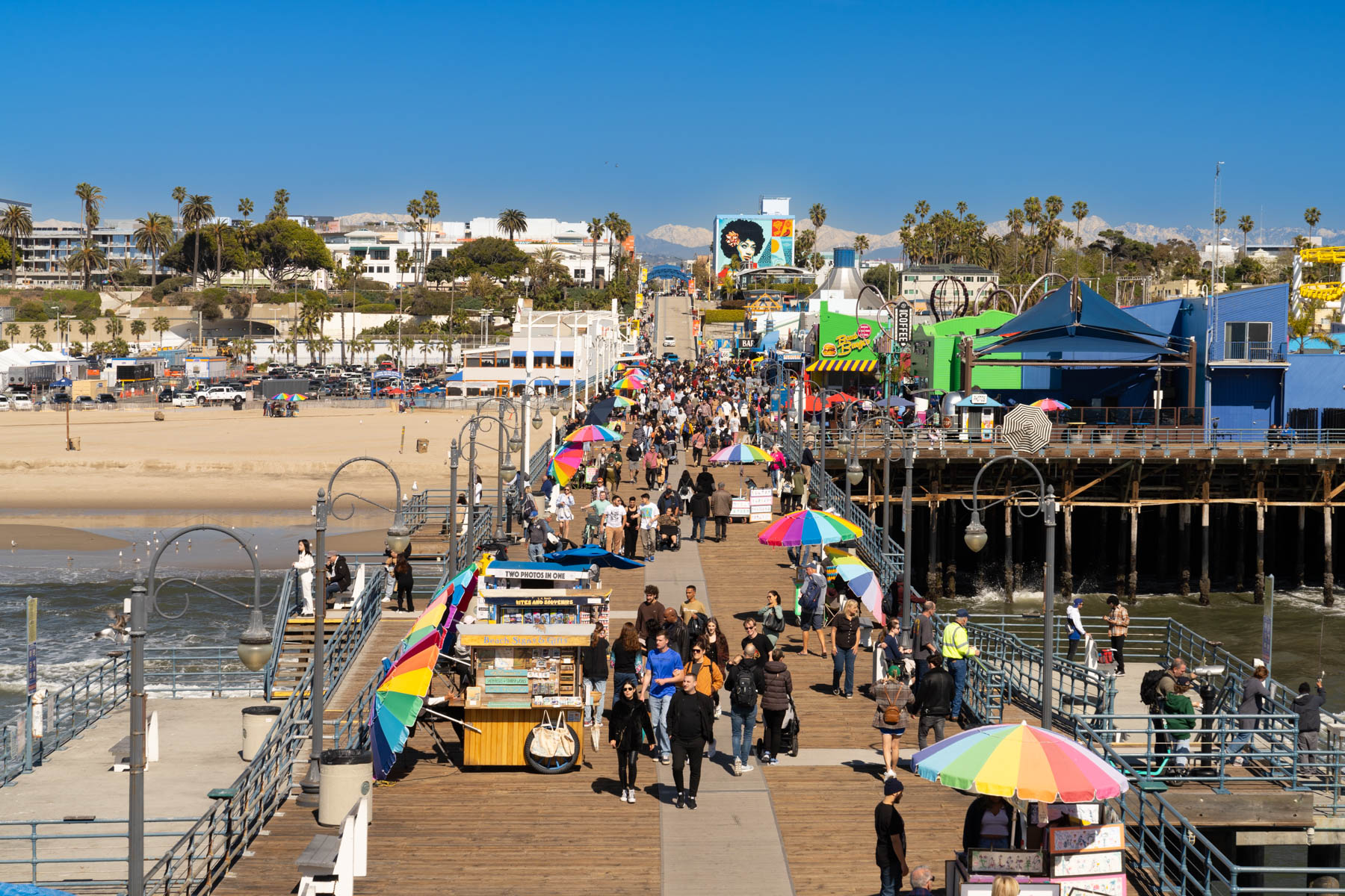 Looking back down Santa Monica Pier (with snow on the mountains in the background!).