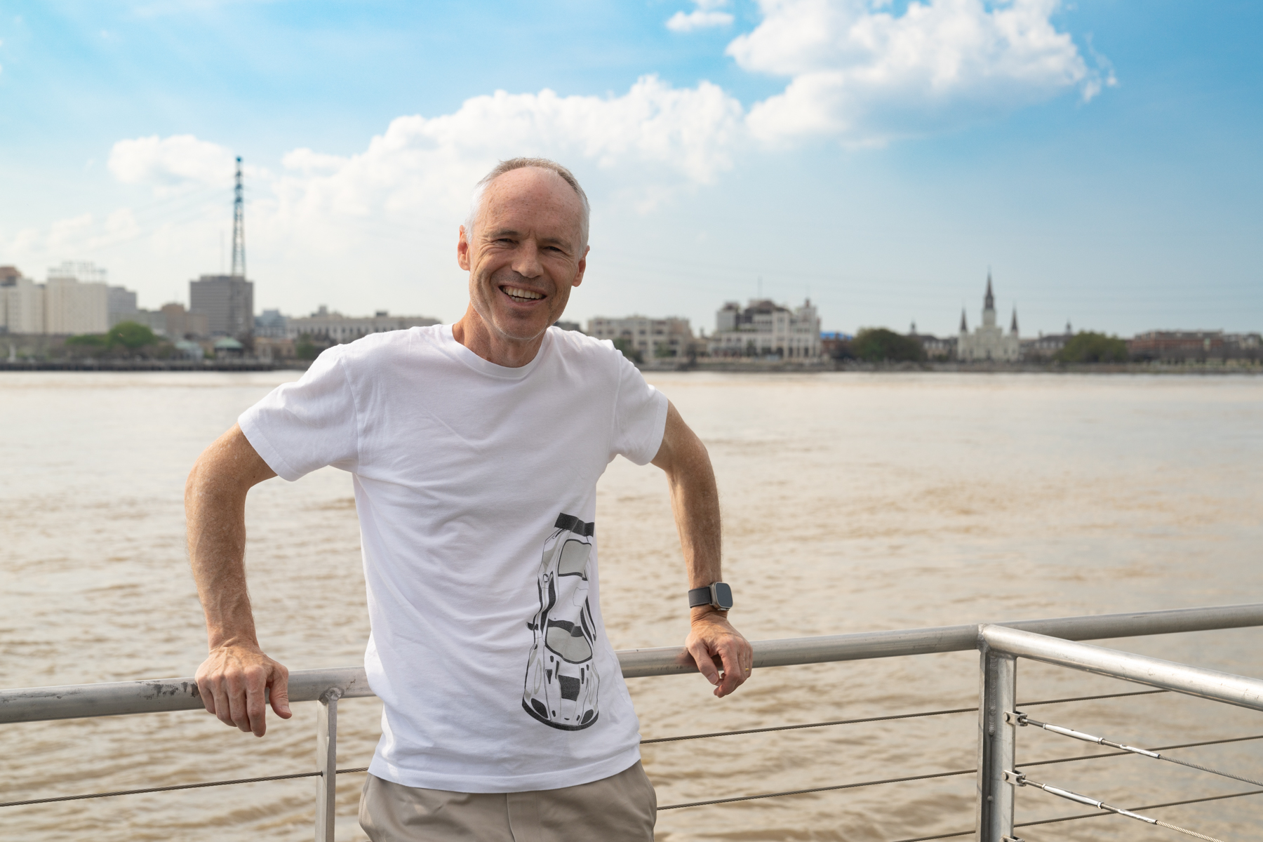 Keith on the ferry on the Mississippi River.