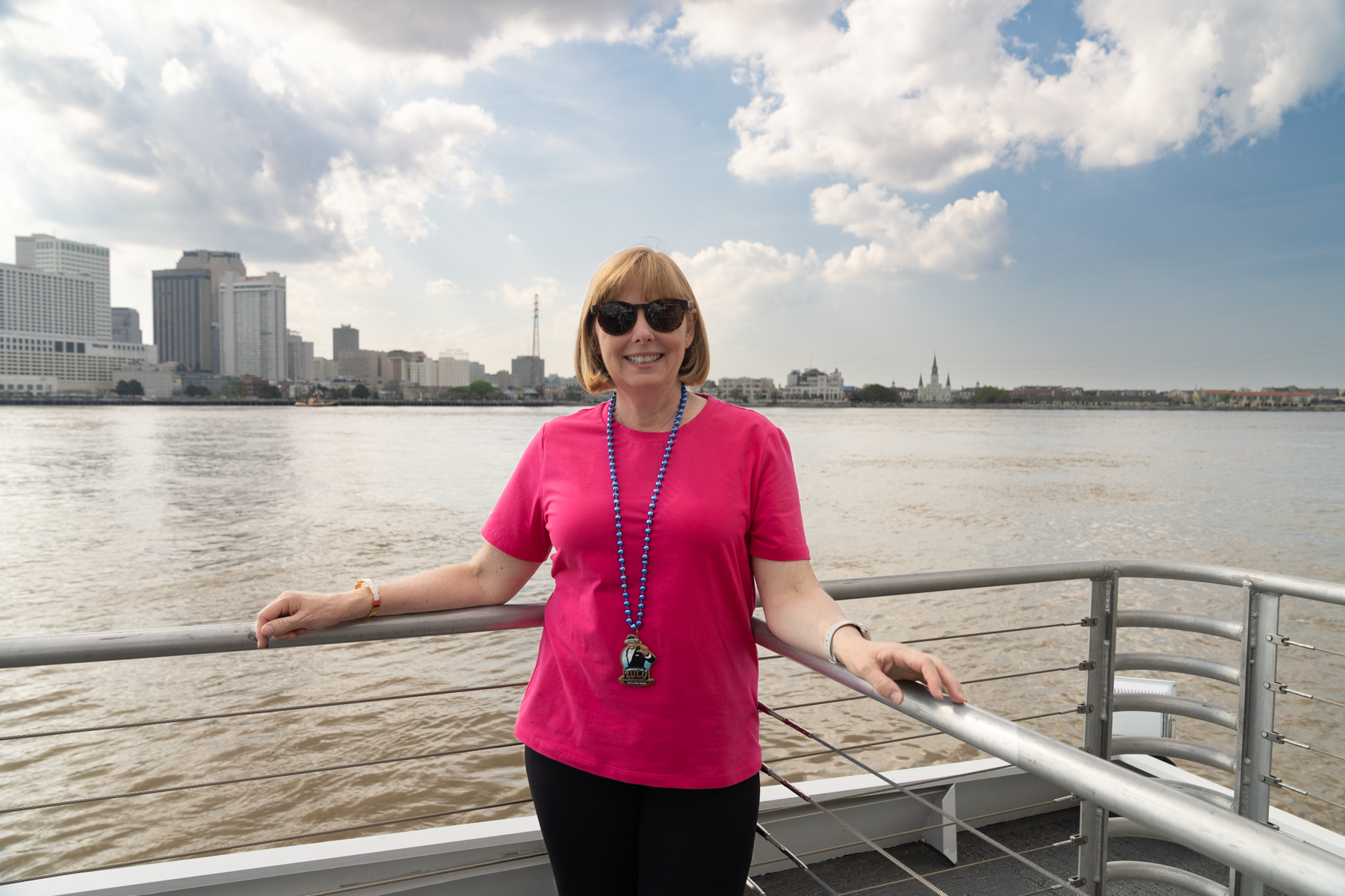 Andrea on the ferry on the Mississippi River.