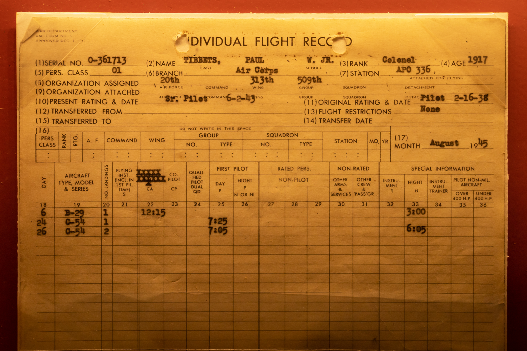 Original flight record of Colonel Paul W. Tibbets, Jr. from the flight of the Enola Gay that dropped the atomic bomb on Hiroshima.
