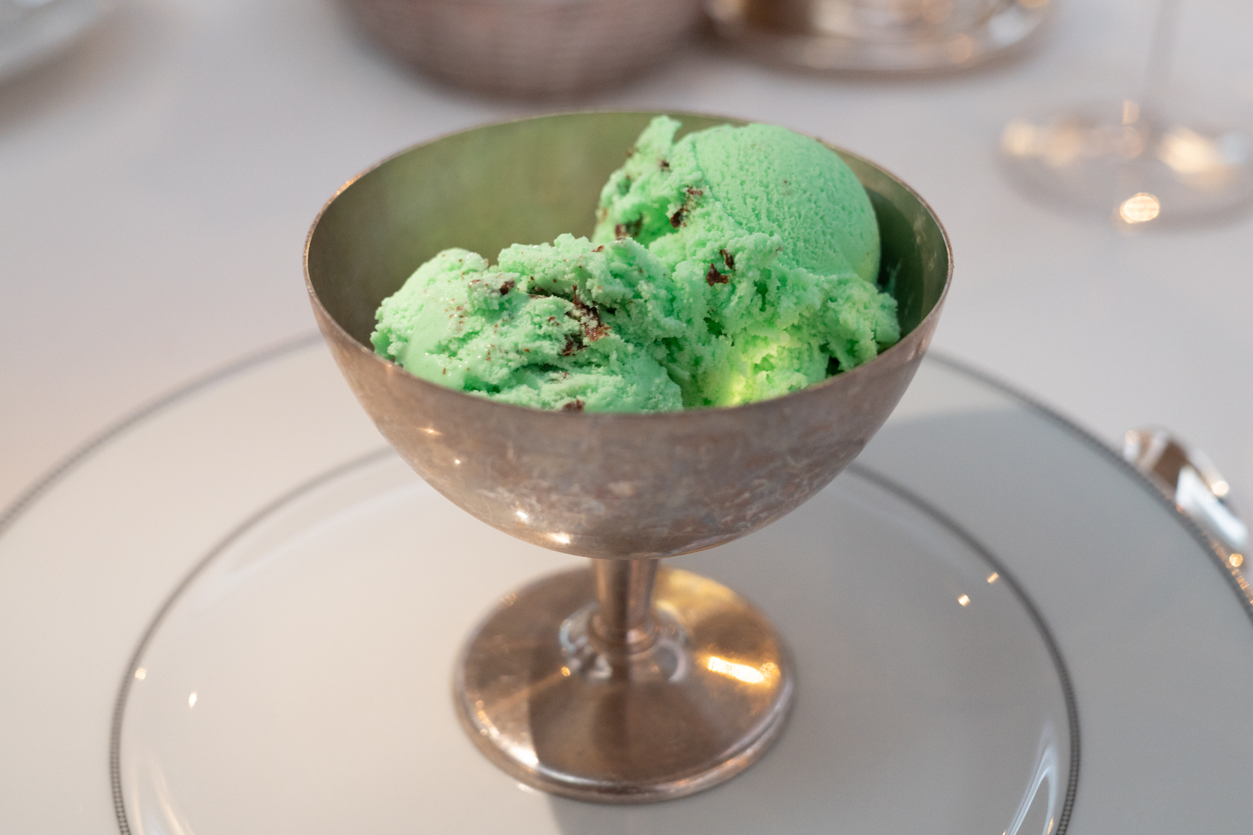 Mint and choc-chip ice-cream.