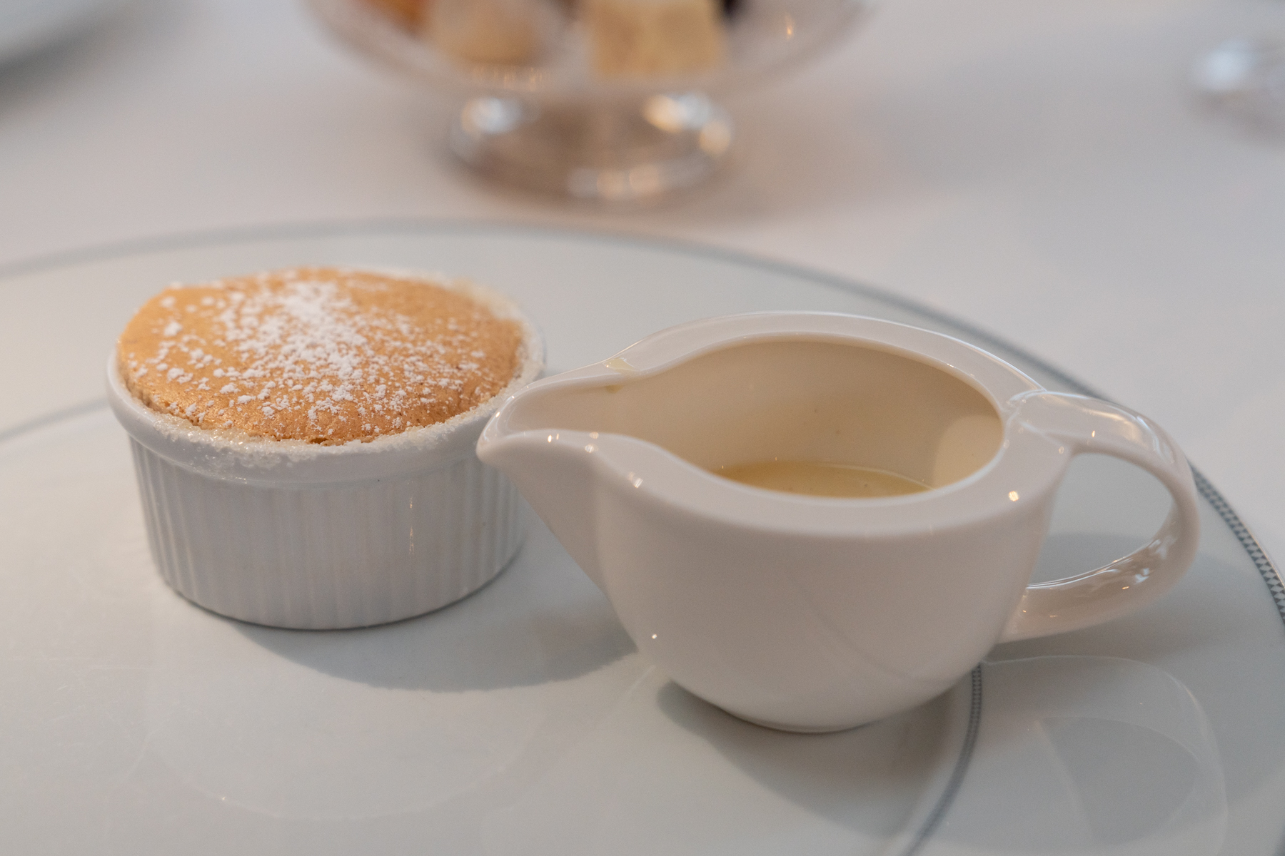 Hazelnut soufflé with armagnac and nutmeg sauce.