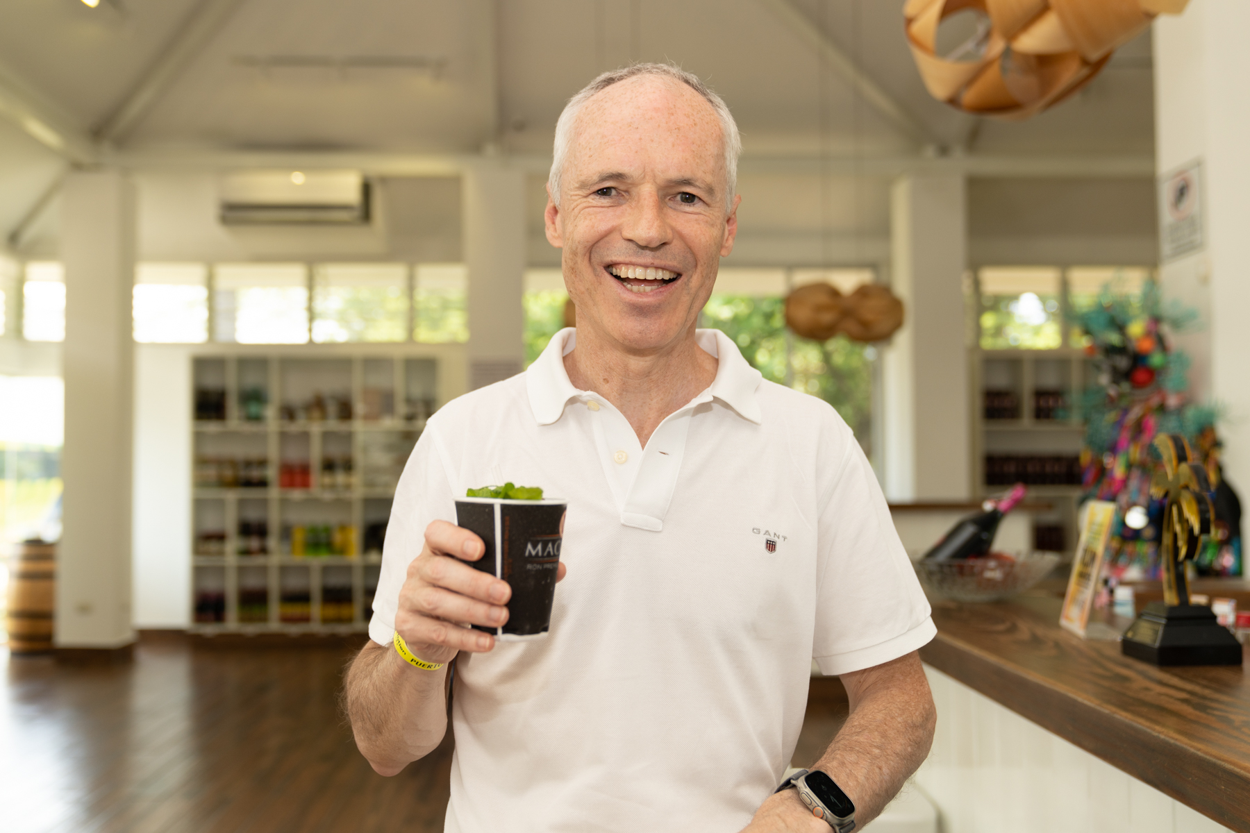 Keith enjoying a cocktail at the Macorix Rum Factory.
