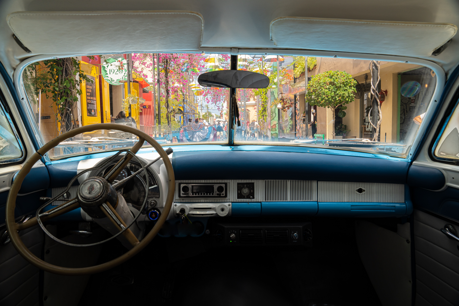 Looking out of the Chrysler Saratoga down Umbrella Street.