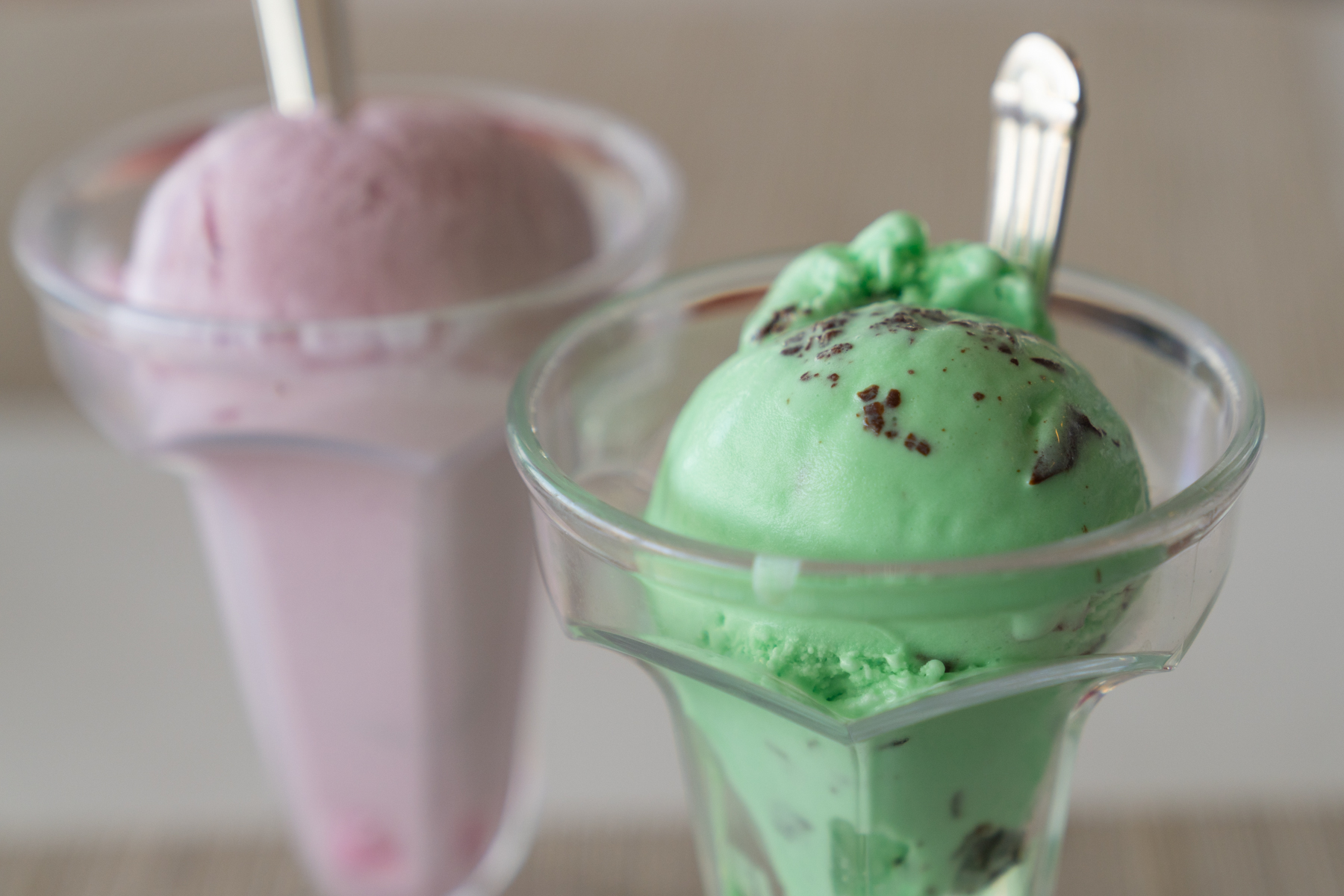 Choc-mint ice-cream and strawberry ice-cream.