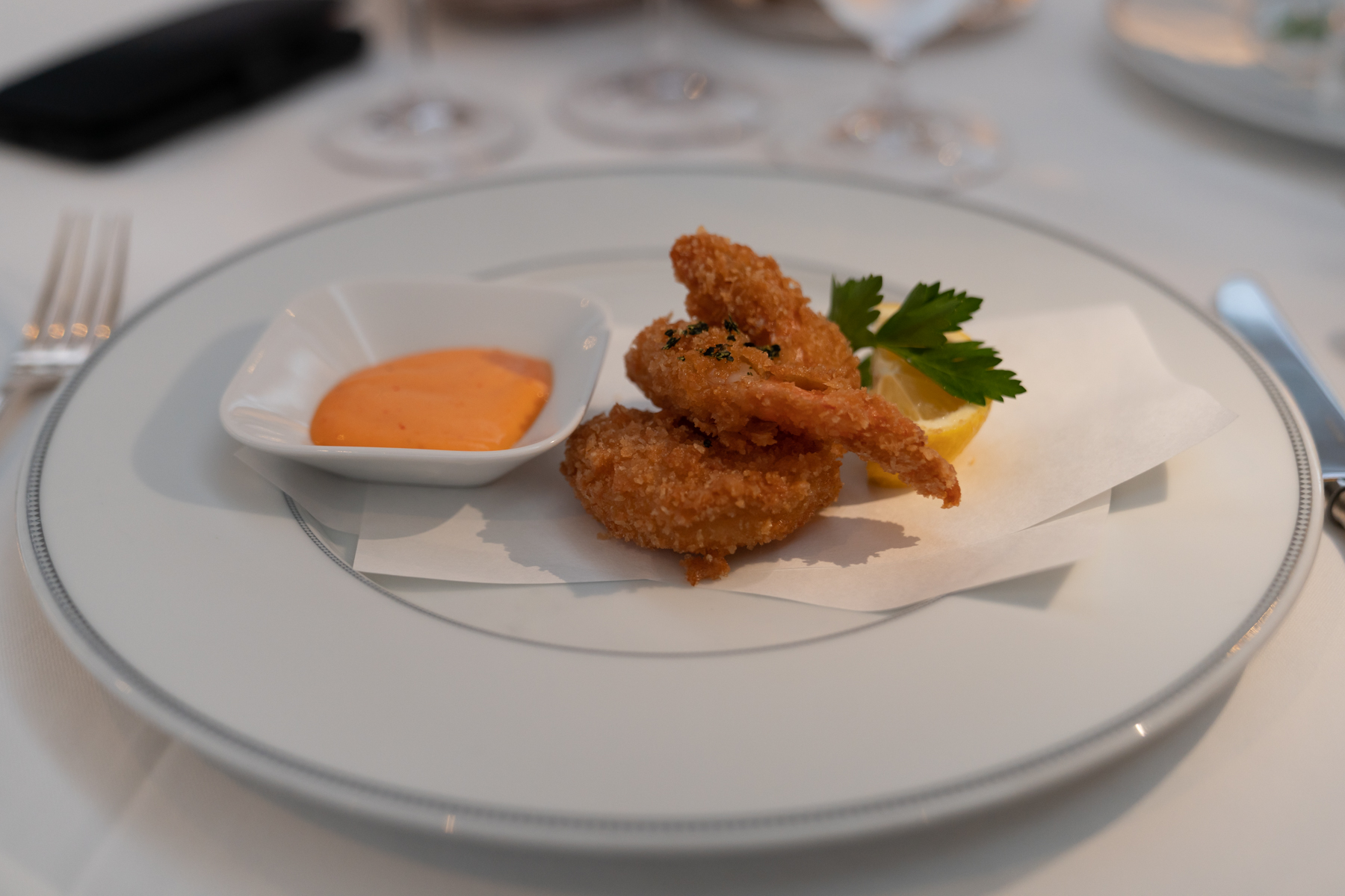 Panko-coated Tiger prawns.