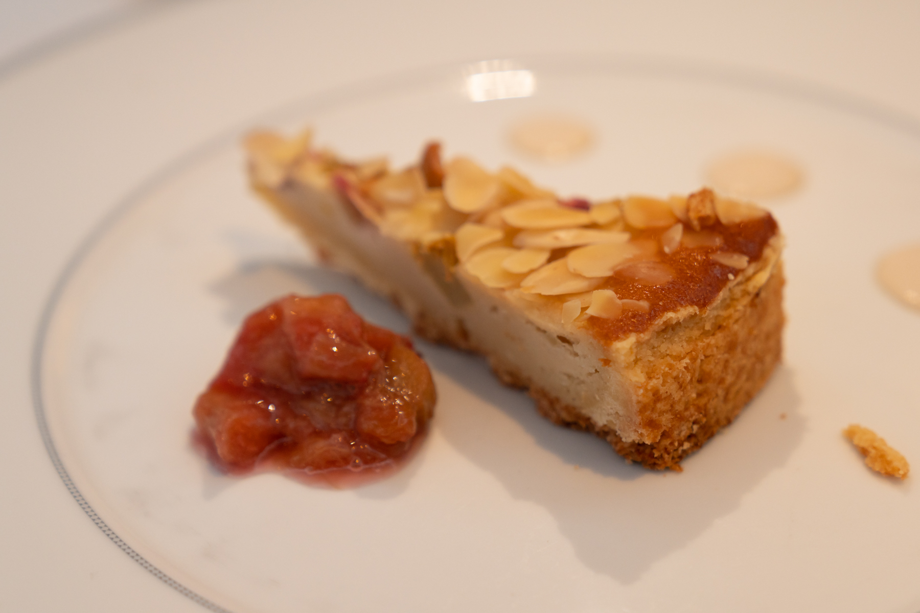 Almond and lemon tart with rhubarb confit.