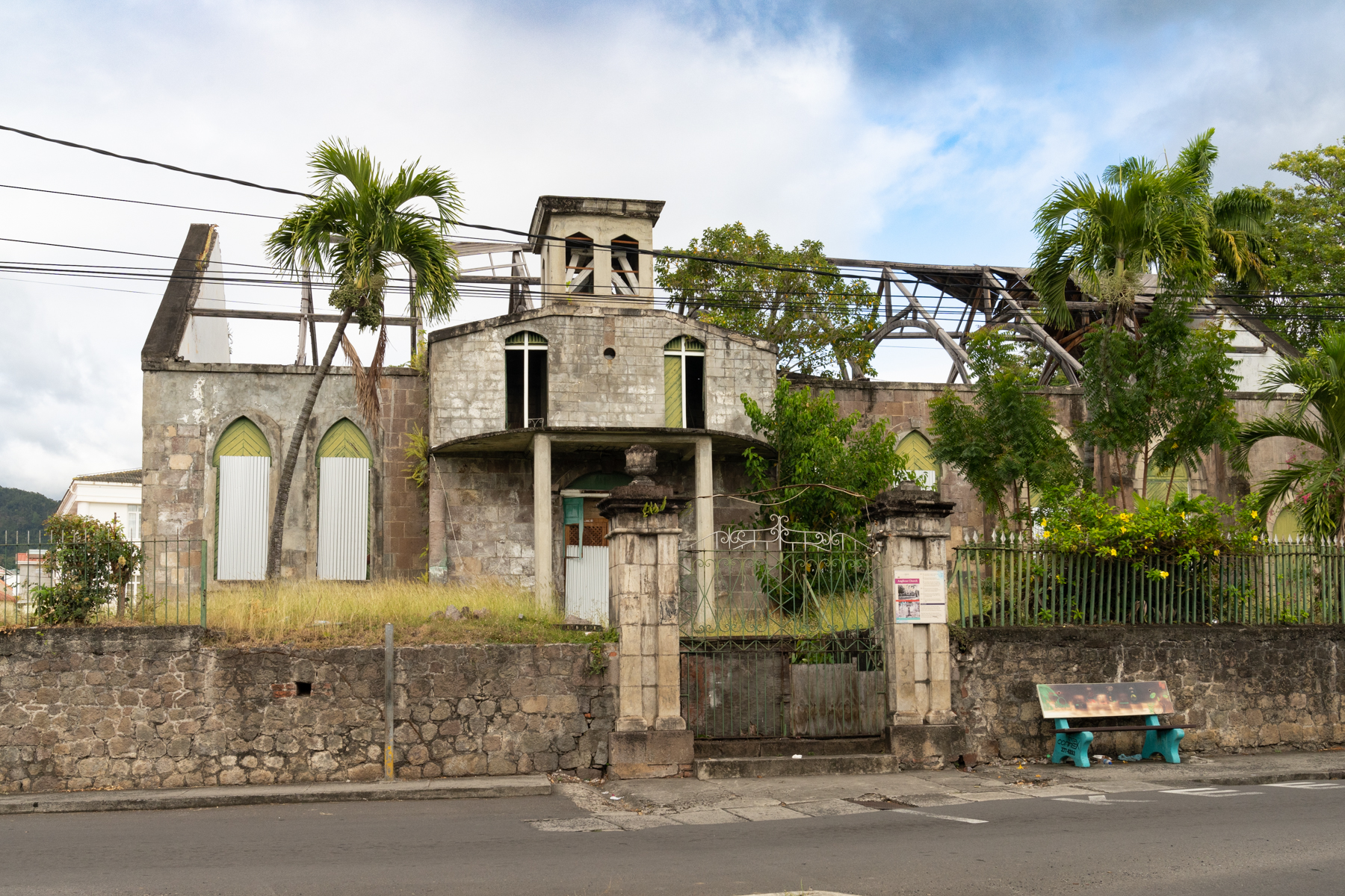 The Anglican church, not yet rebuilt after being destroyed by Hurricane Maria in 2017.