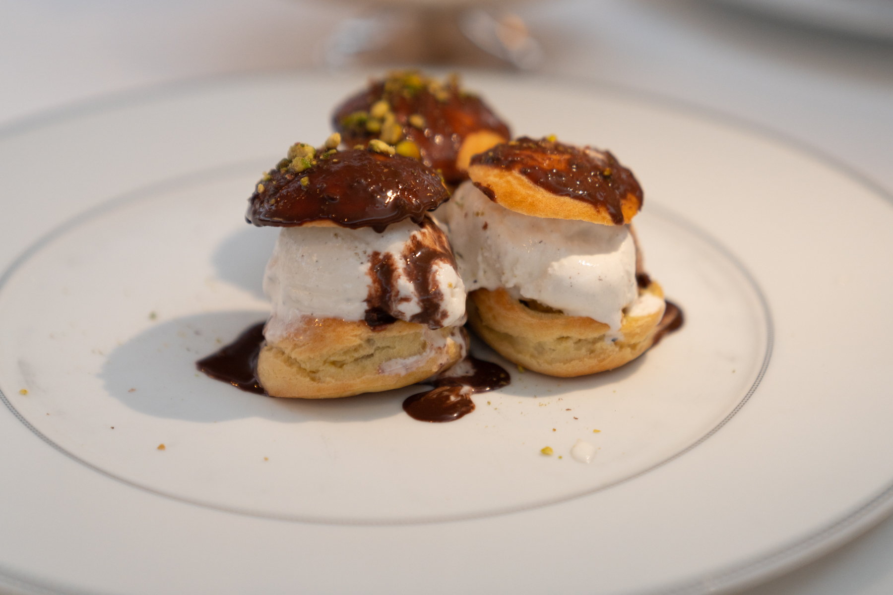 Chocolate profiteroles with vanilla ice-cream.