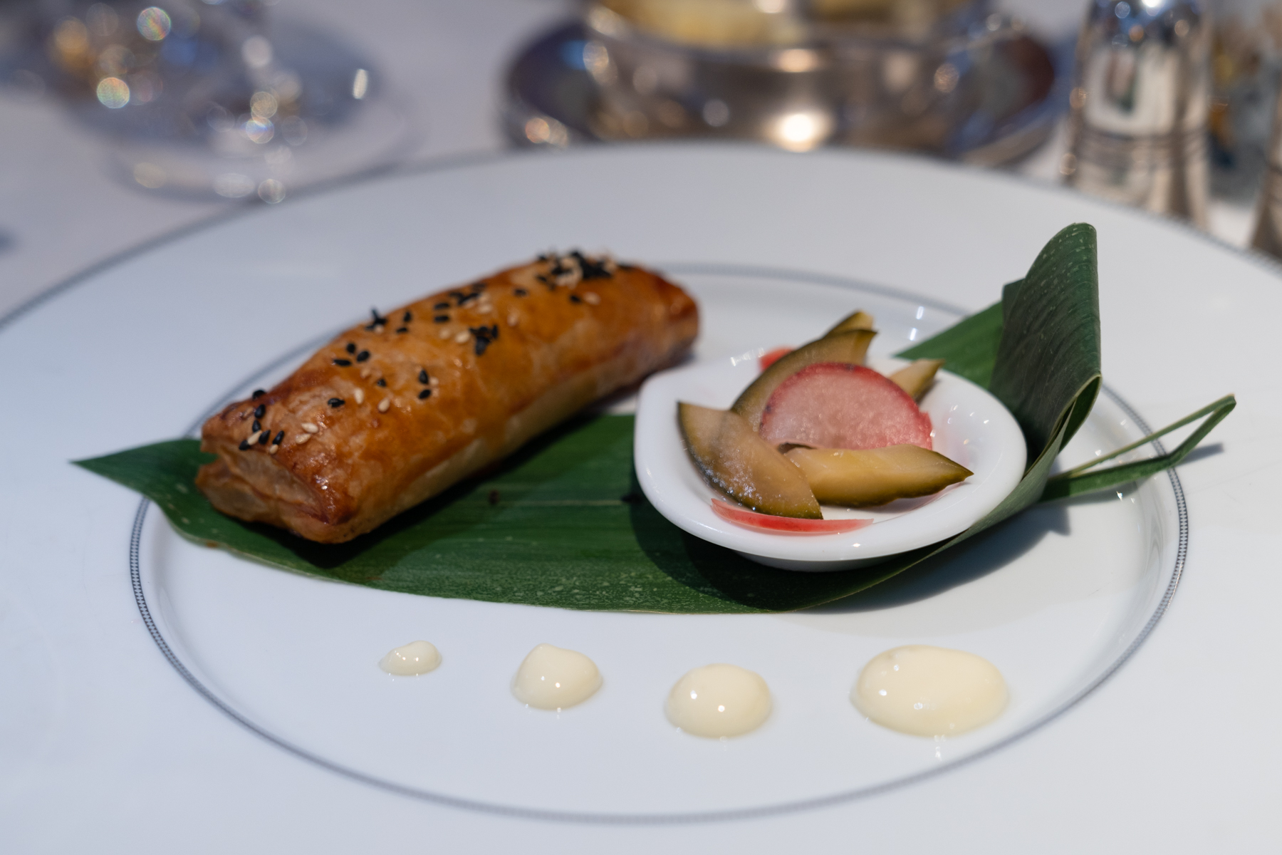 Wagyu beef puffs with yuzu mayo, pickled radish, and cucumber.