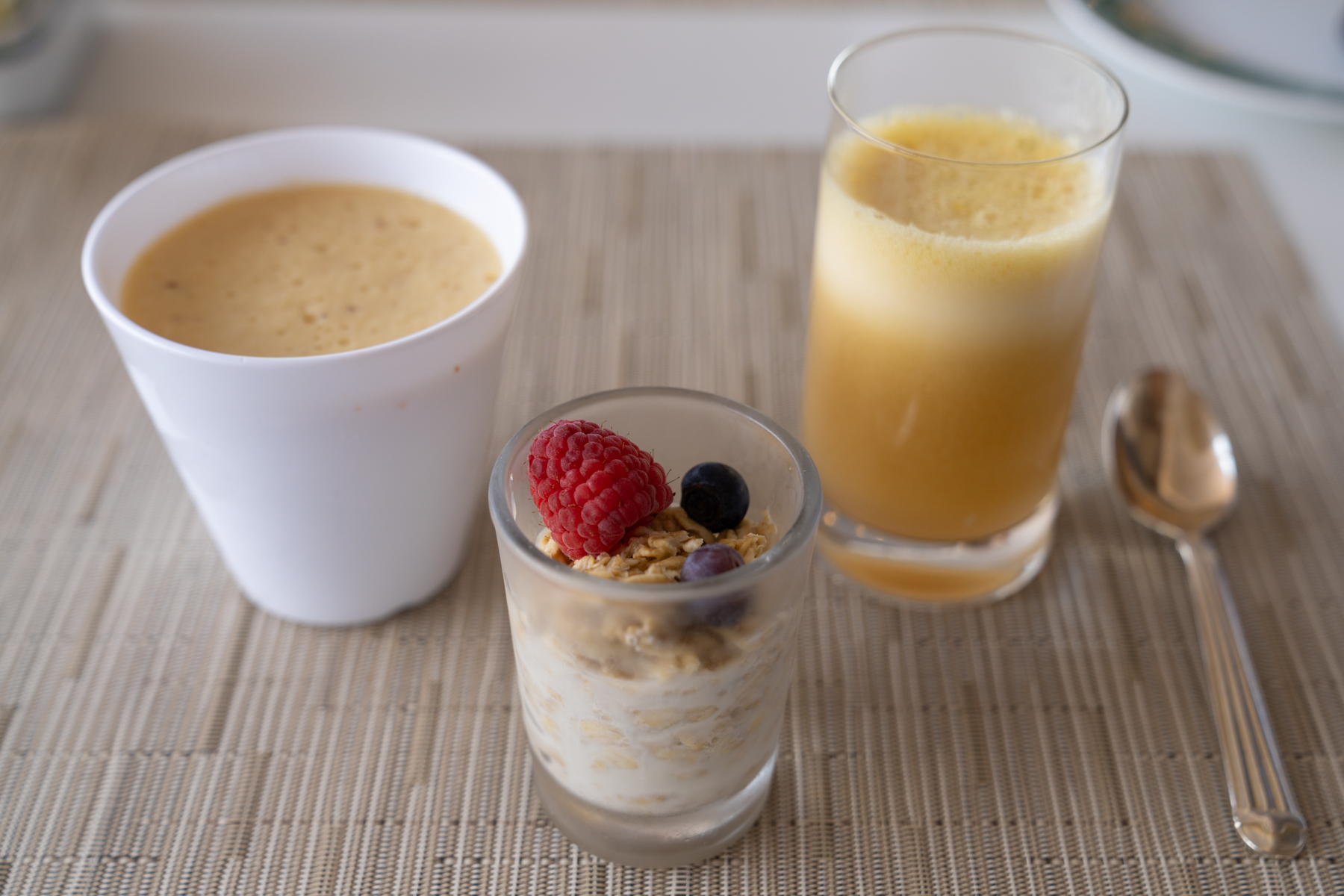 Juice and muesli for breakfast.