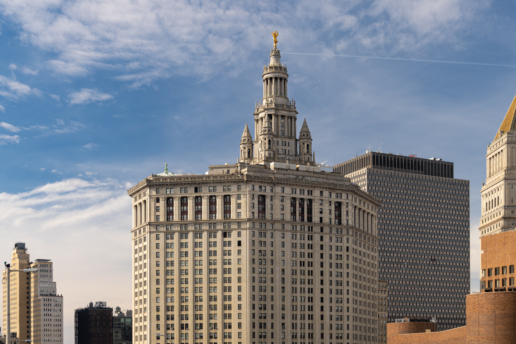 Looking back to One Police Plaza from the Brooklyn Bridge.