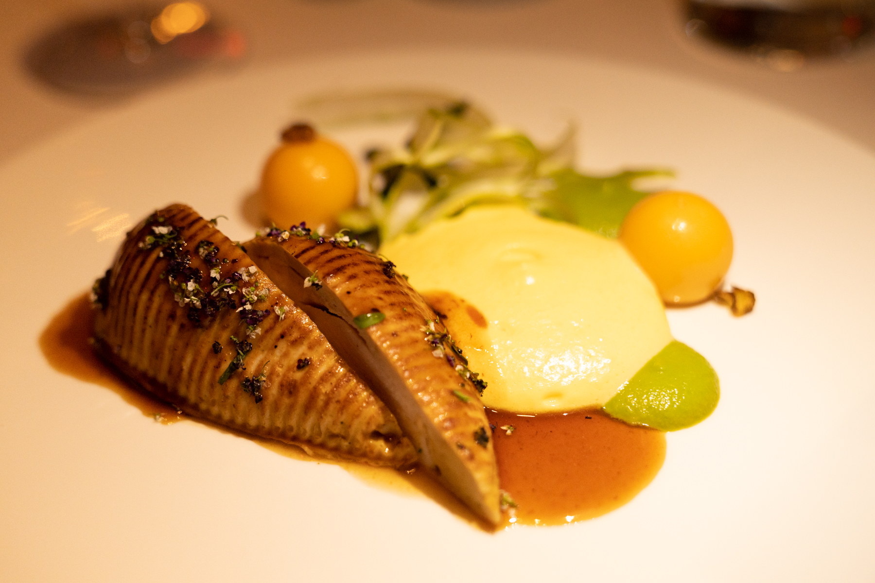 Chicken Za'Atar with asparagus, carrot, and lemon omani sabayon.