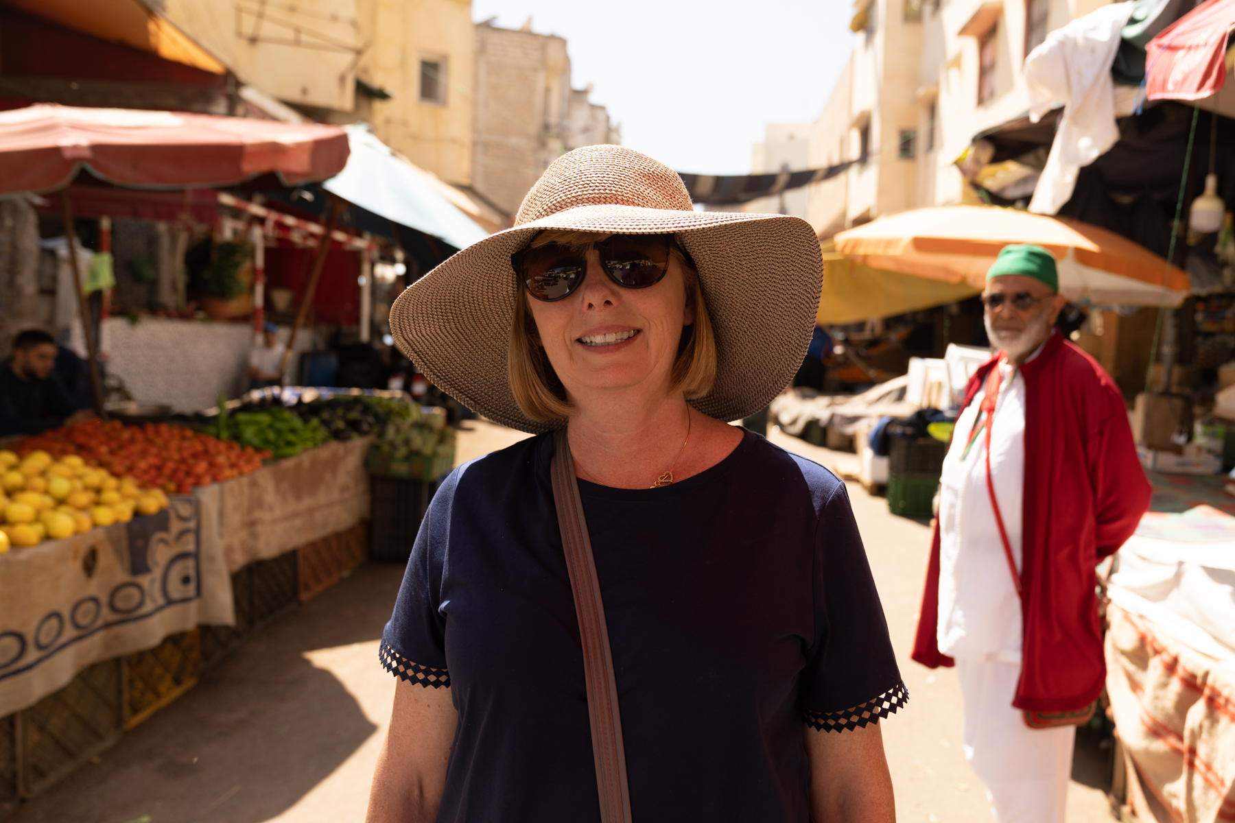 Andrea in the medina, with Mohamed in the background.