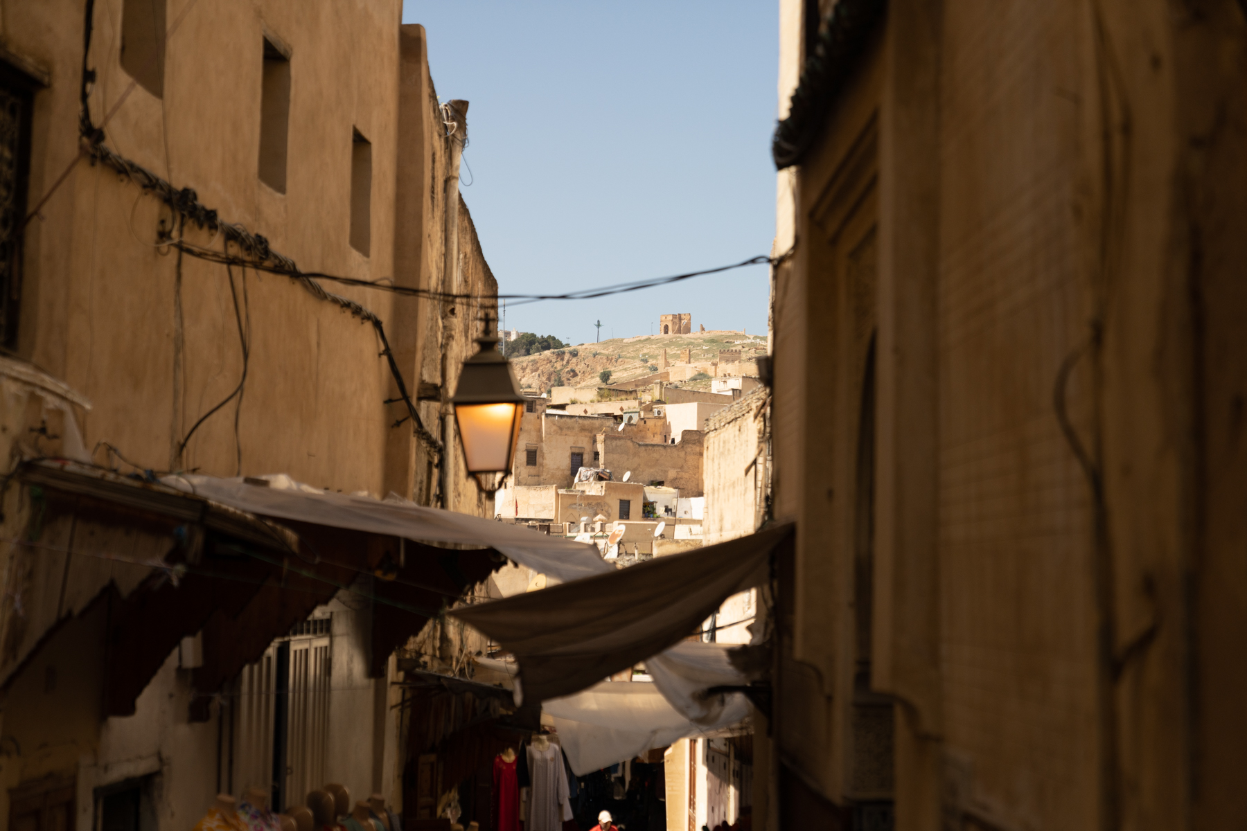Looking out of a narrow alley.