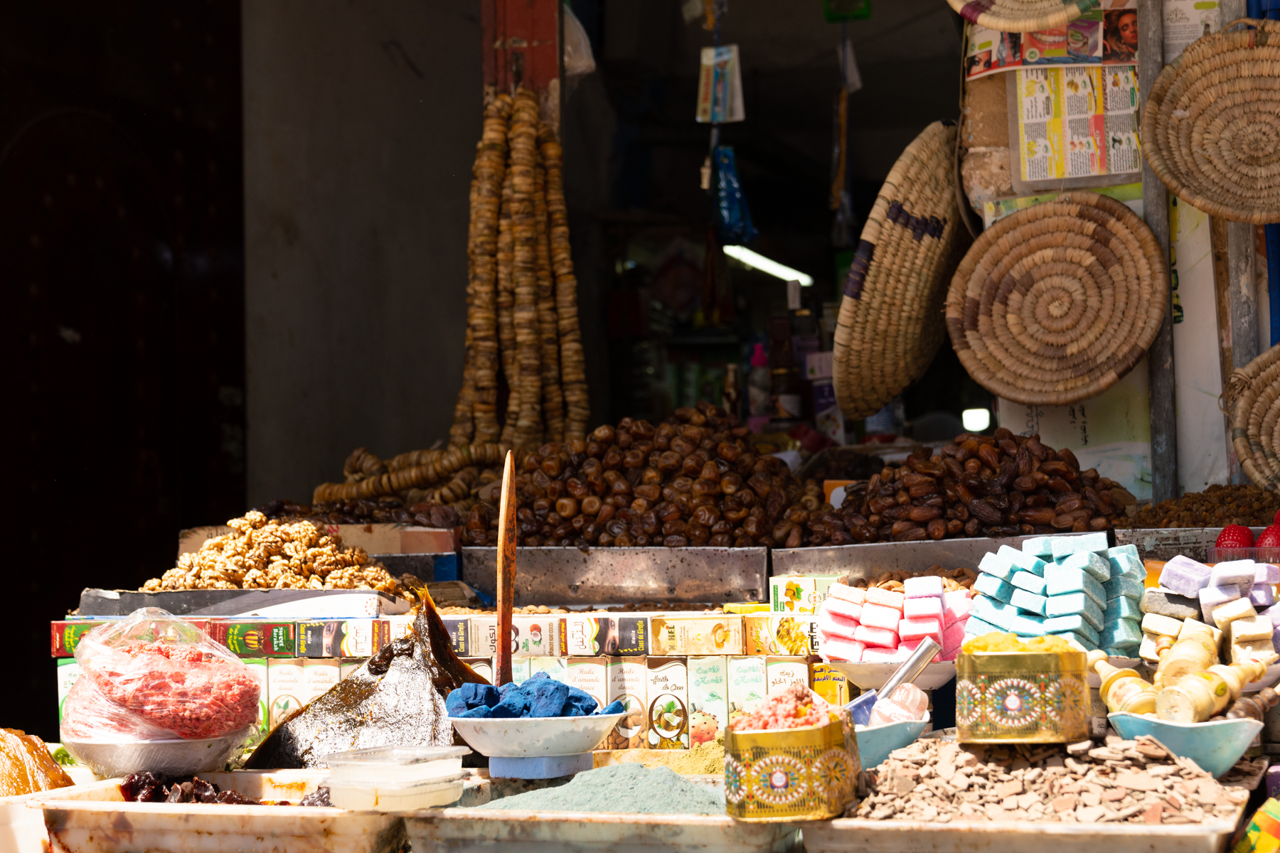 Exotic fruits and spices for sale.