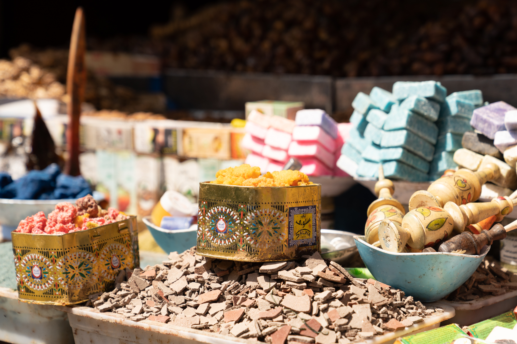 Exotic fruits and spices for sale.