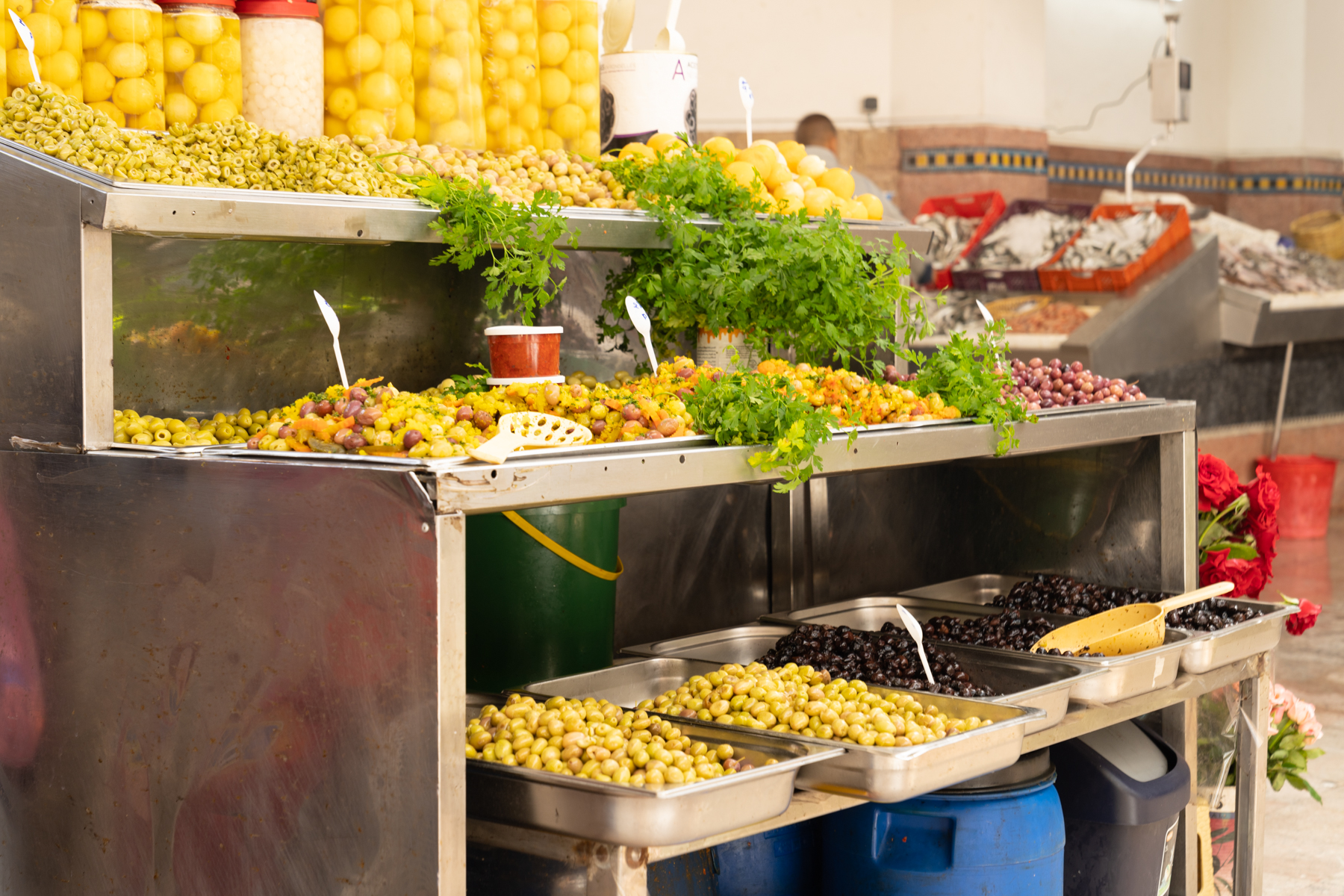 Many types of olives for sale.