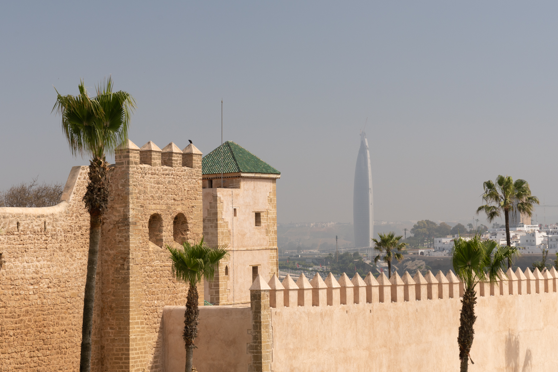 Looking across the kasbah wall to the Mohammed VI Tower in the city of Salé.