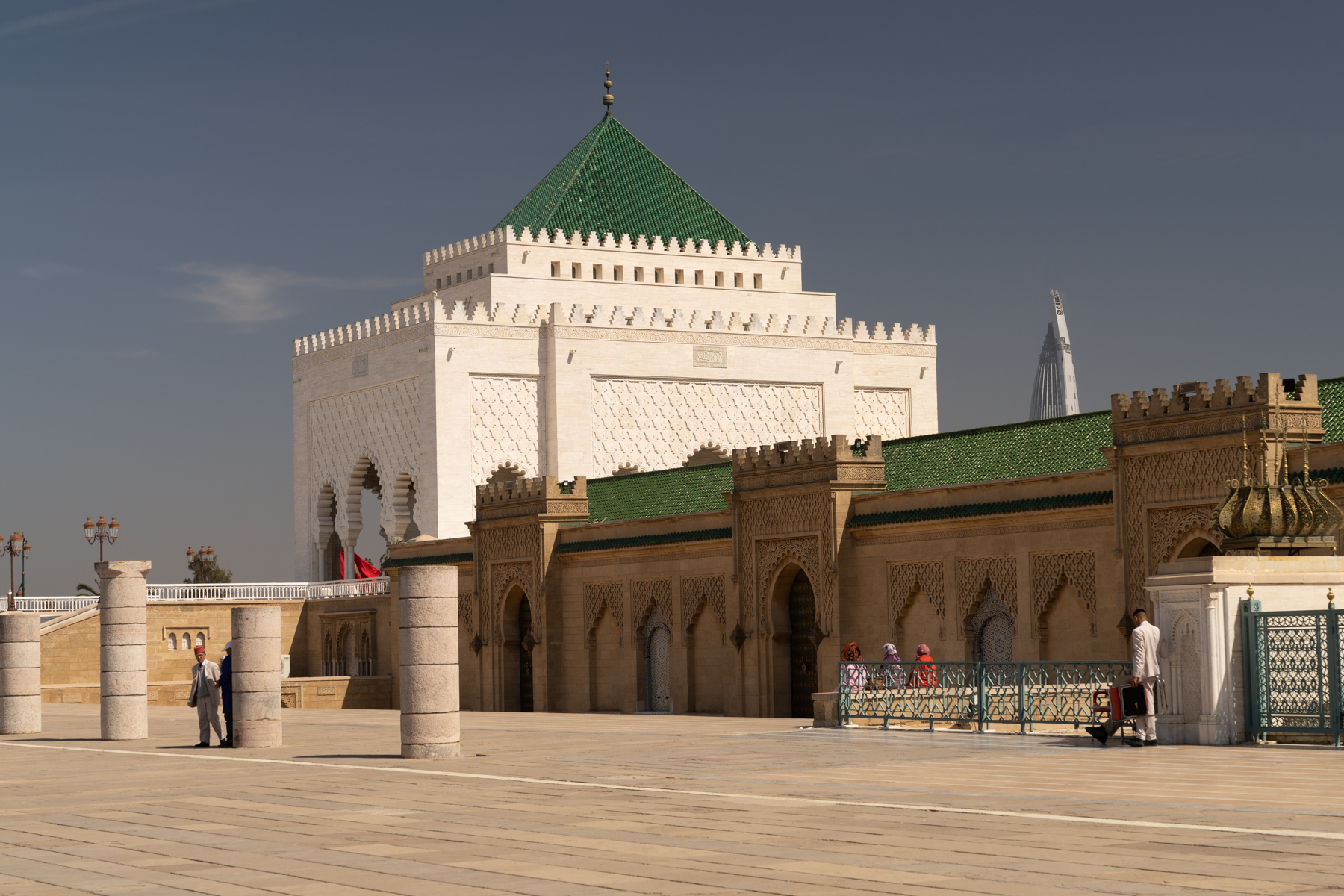 The Mohammed V Mausoleum, with the top of the Mohammed VI Tower in the background.