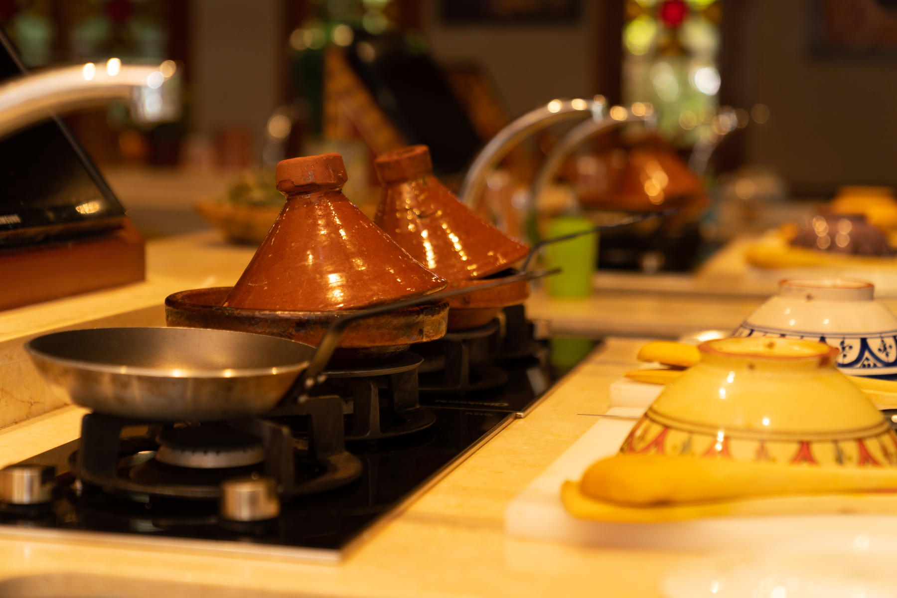 Tagines on the stove, ready for us to use.