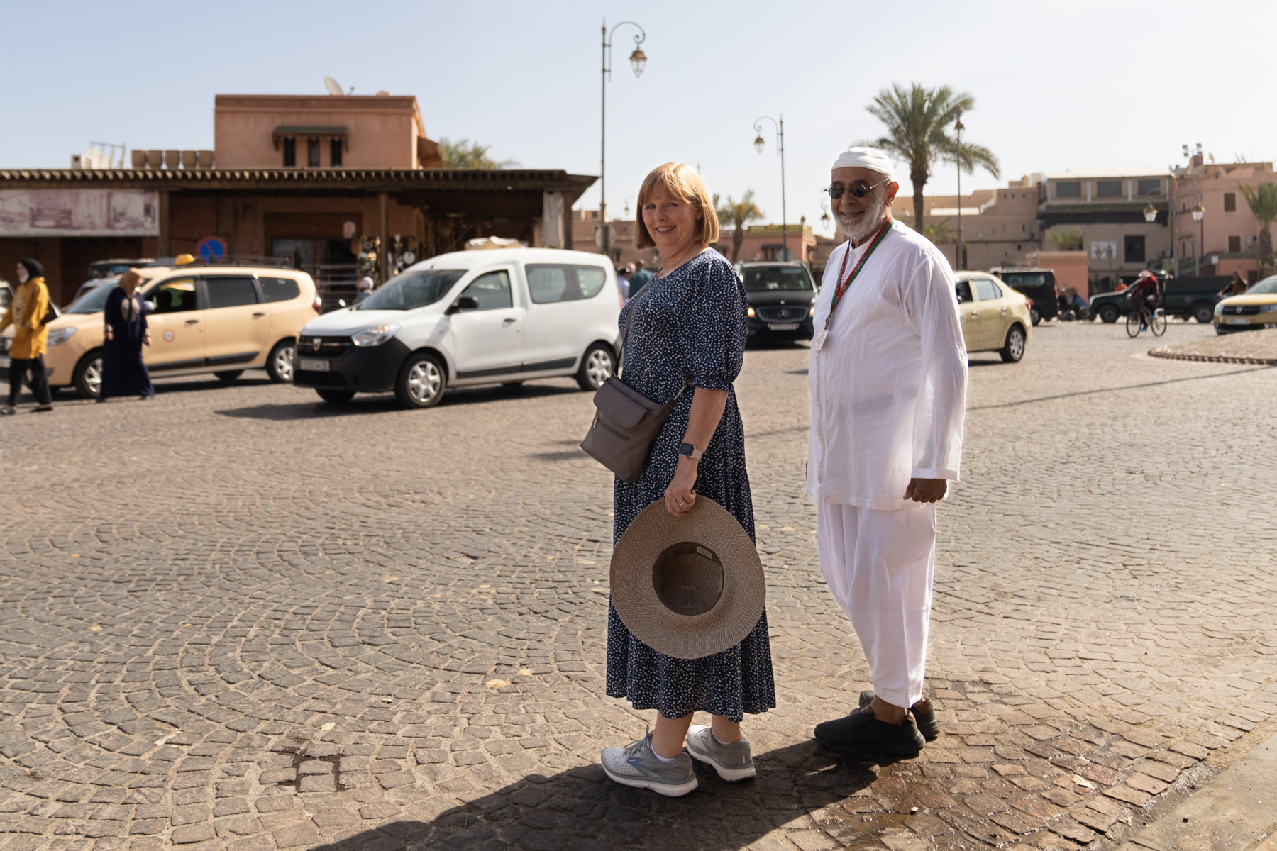 Andrea and Mohamed, getting ready to cross the road near Place Mellah on the way to the Bahia Palace.