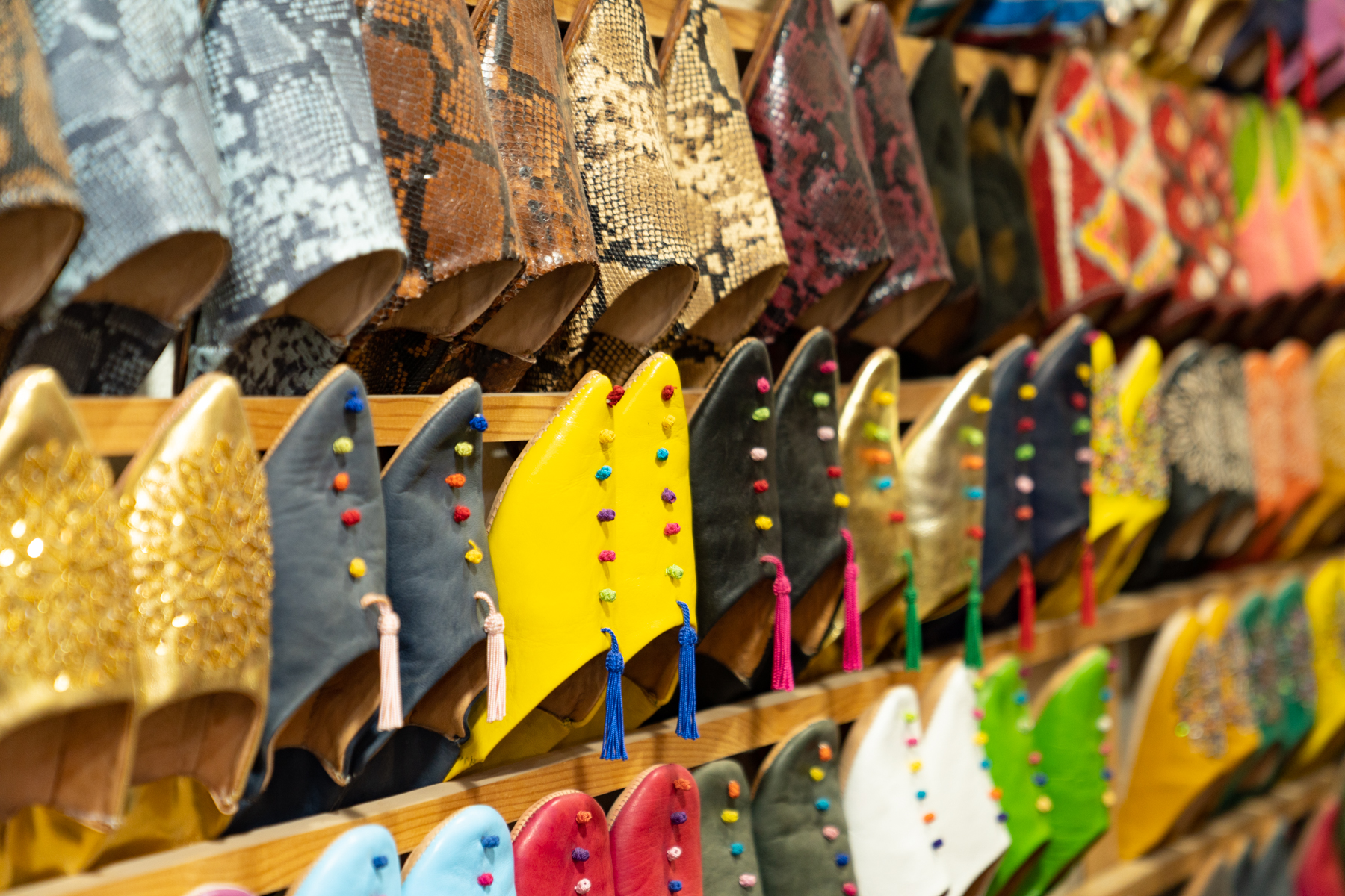 A colourful display of babouches.