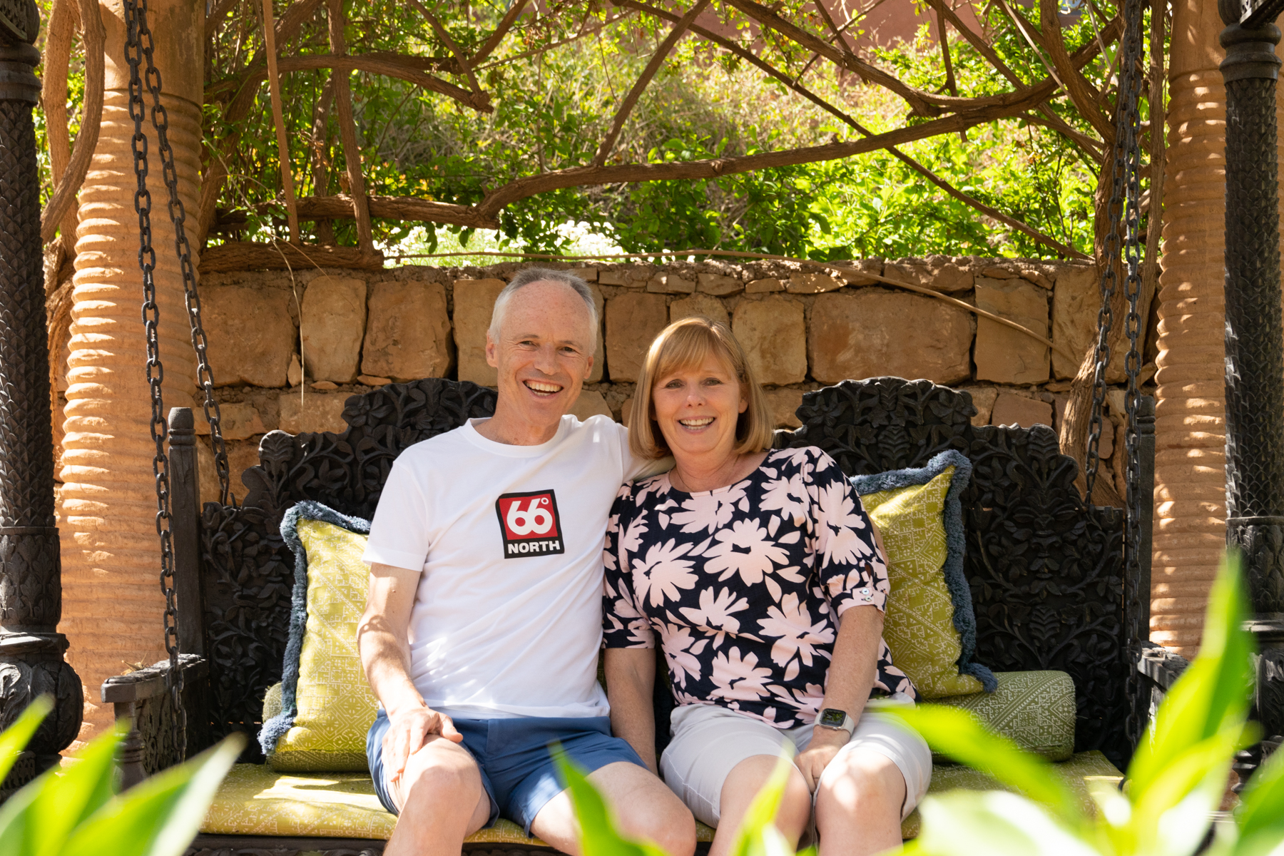Keith and Andrea in the gardens of Kasbah Tamadot.