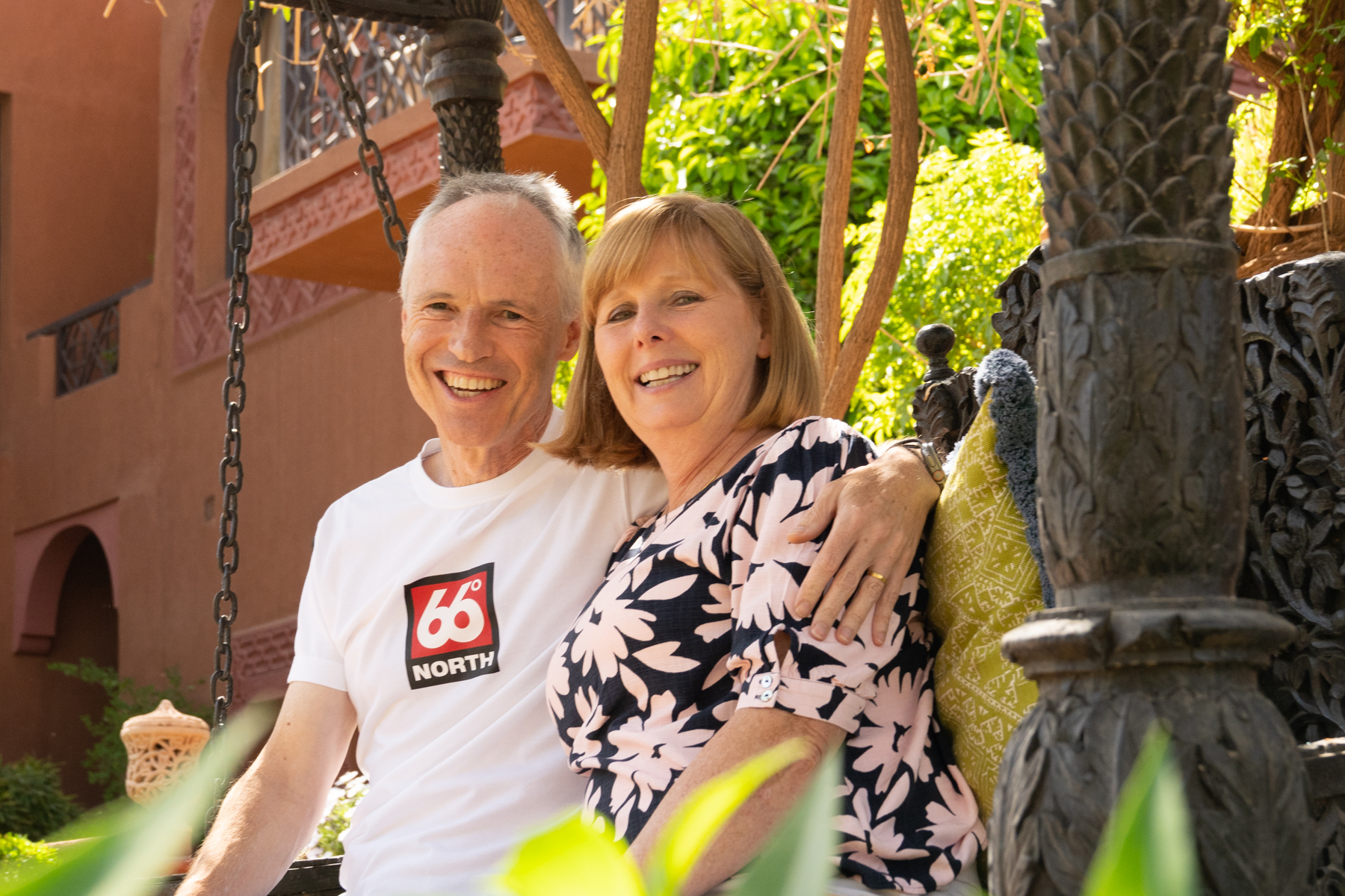 Keith and Andrea in the gardens of Kasbah Tamadot.
