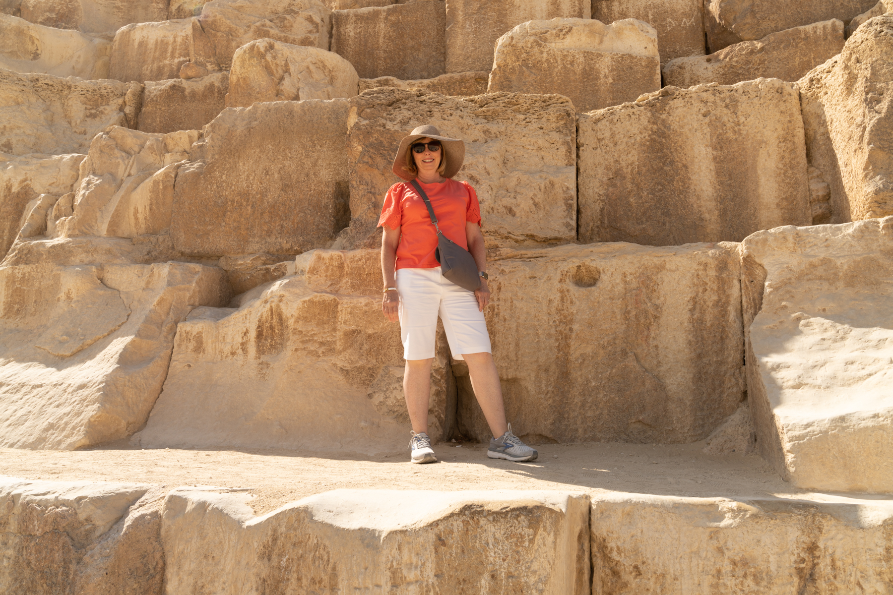 Andrea on the Great Pyramid, on the way to the entrance.