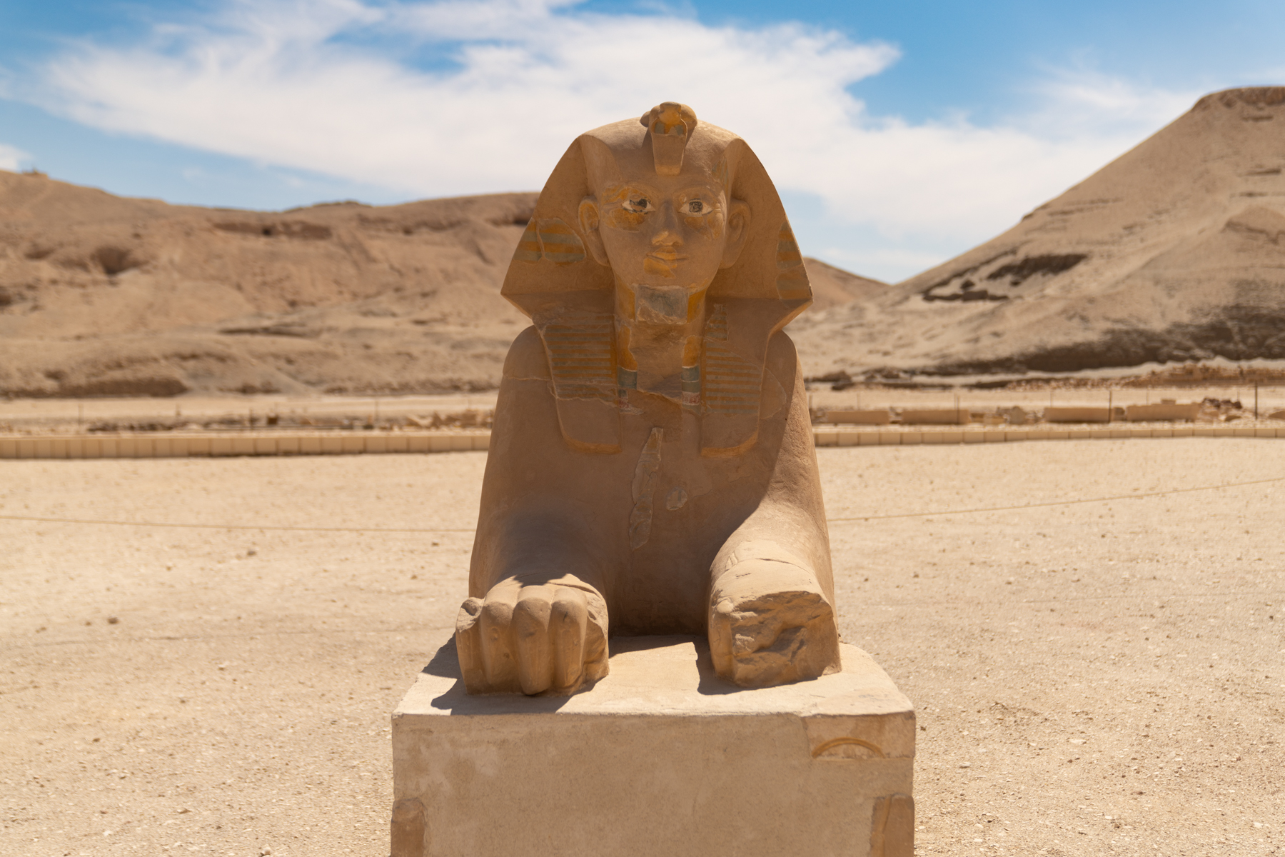 A sphinx at the ramp entrance to the Temple of Hatshepsut.