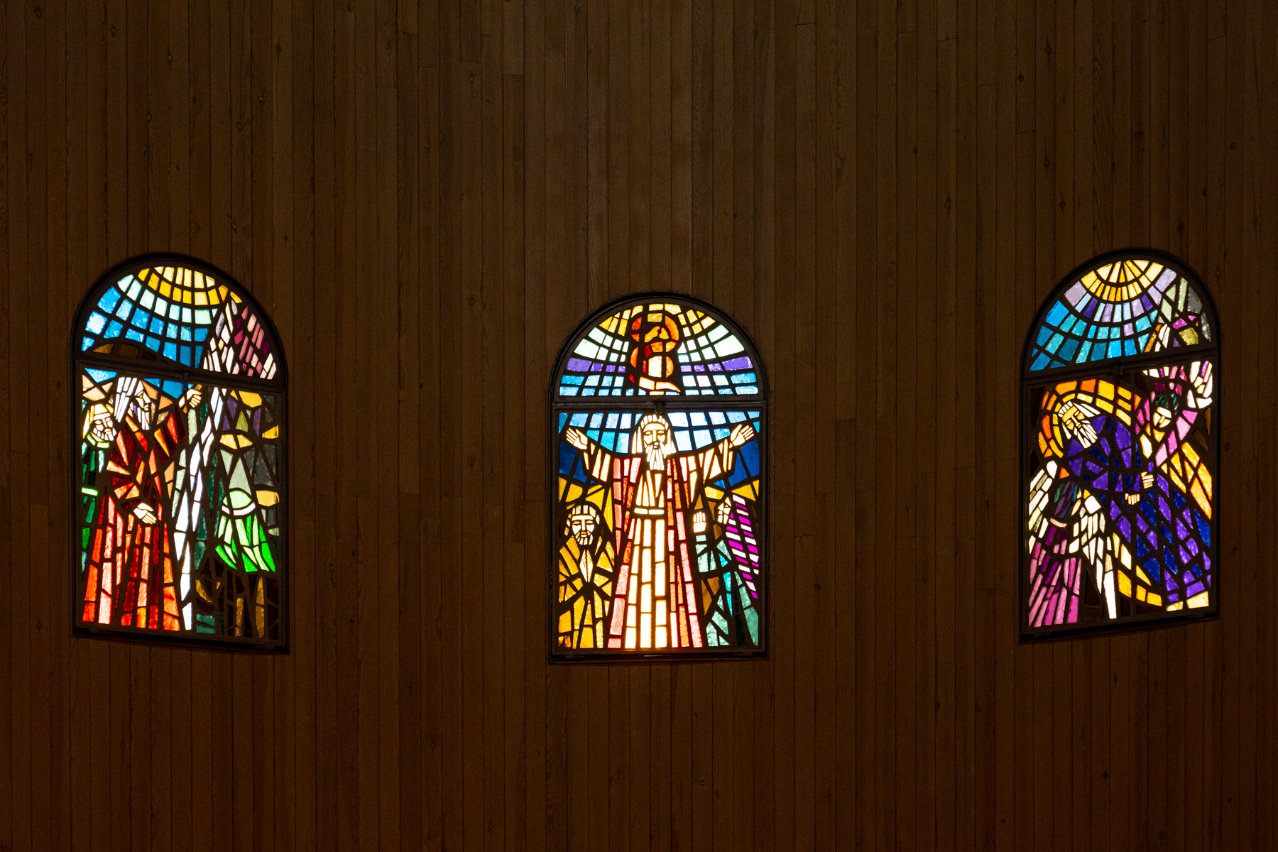 Stained glass windows in the newly-built Memorial Church of Moses on Mount Nebo.