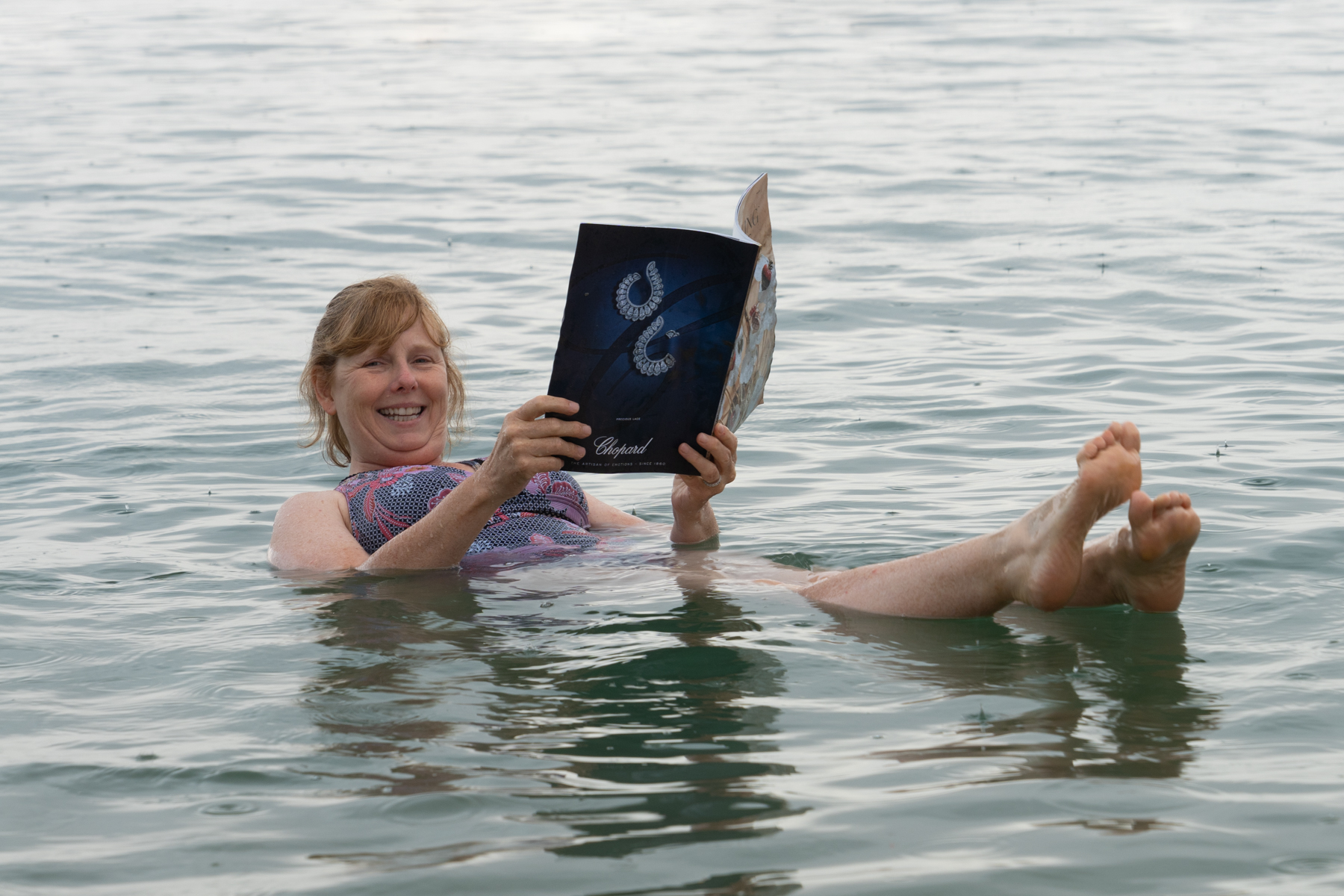 Andrea floating in the Dead Sea.