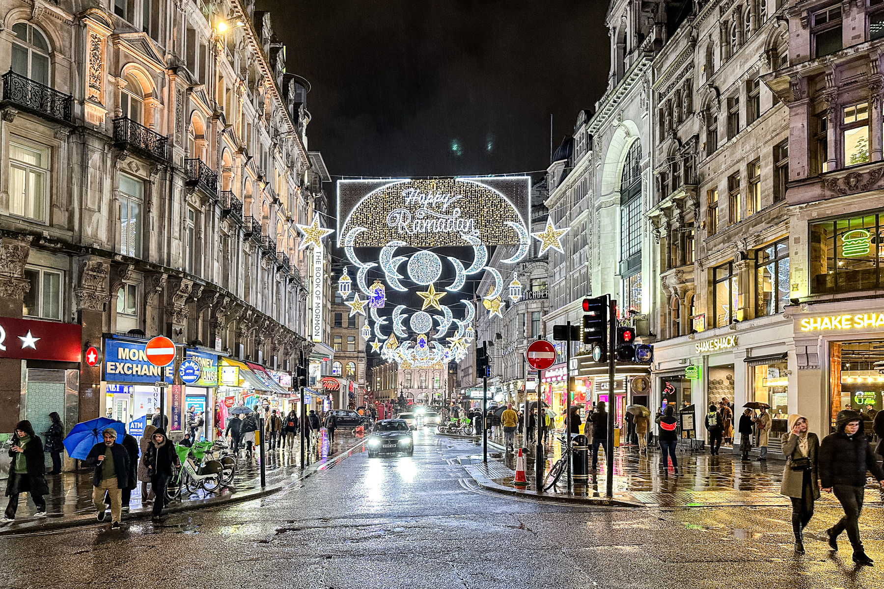 Lights to celebrate Ramadan, around Piccadilly Circus.