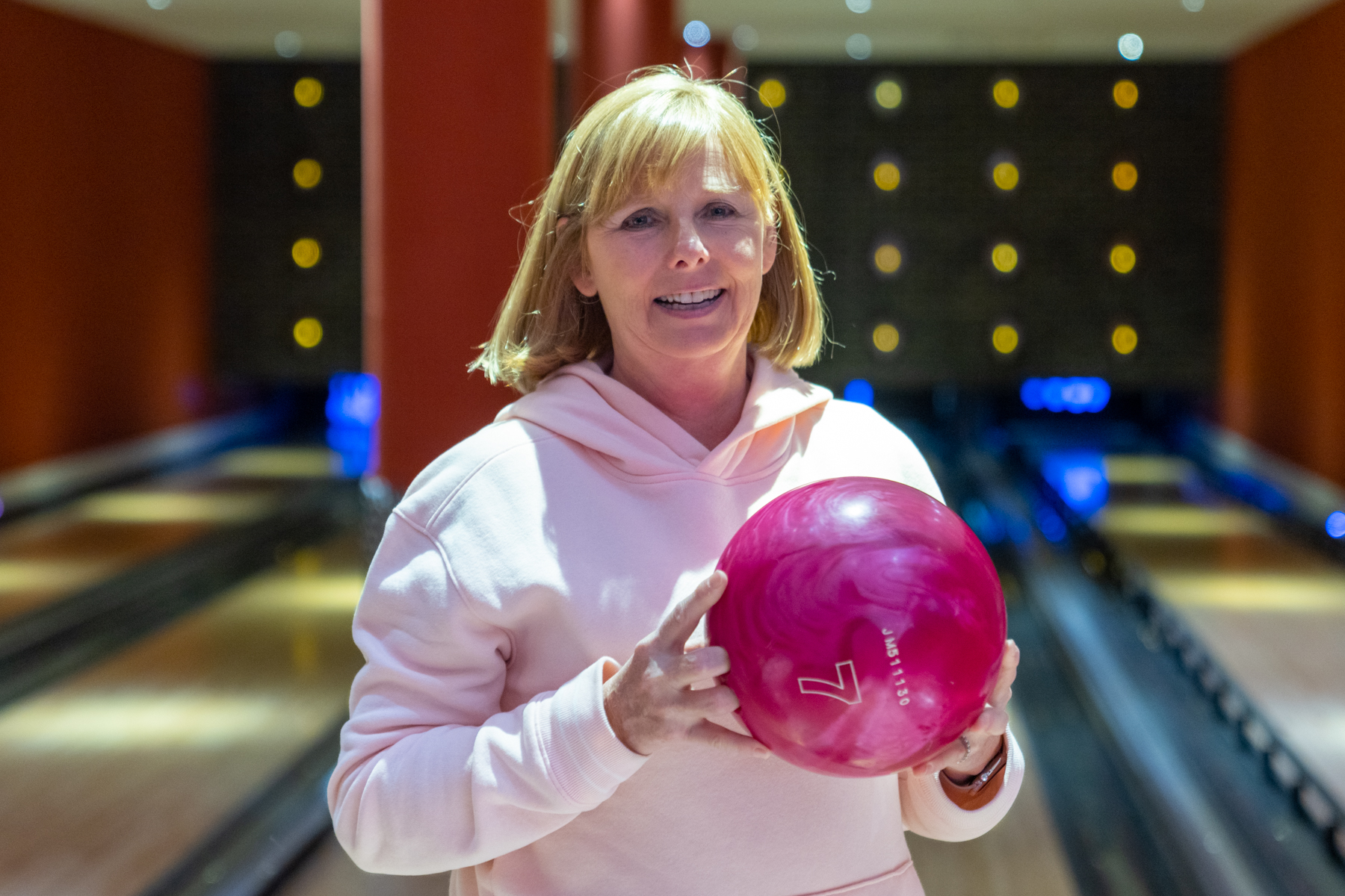Andrea at the hotel's bowling alley.