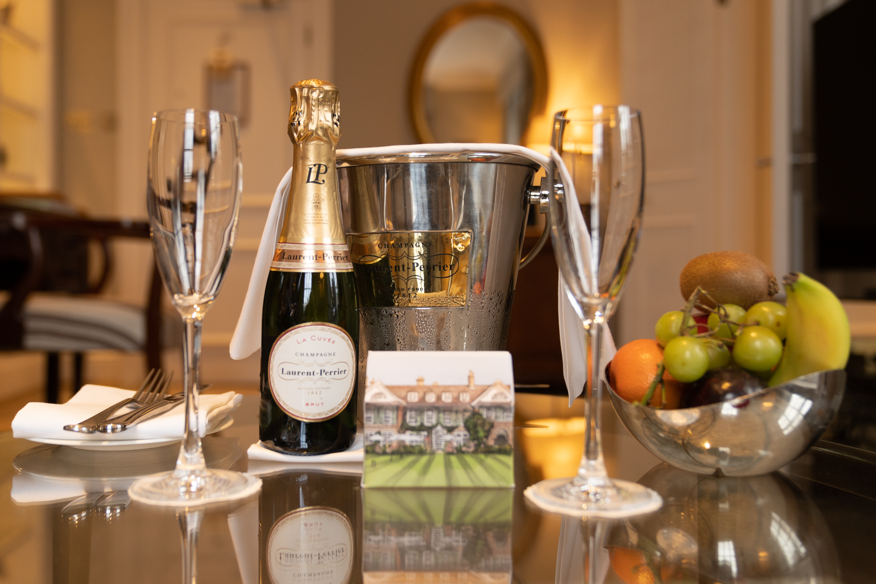 Welcome drinks and treats in our room at Chewton Glen.