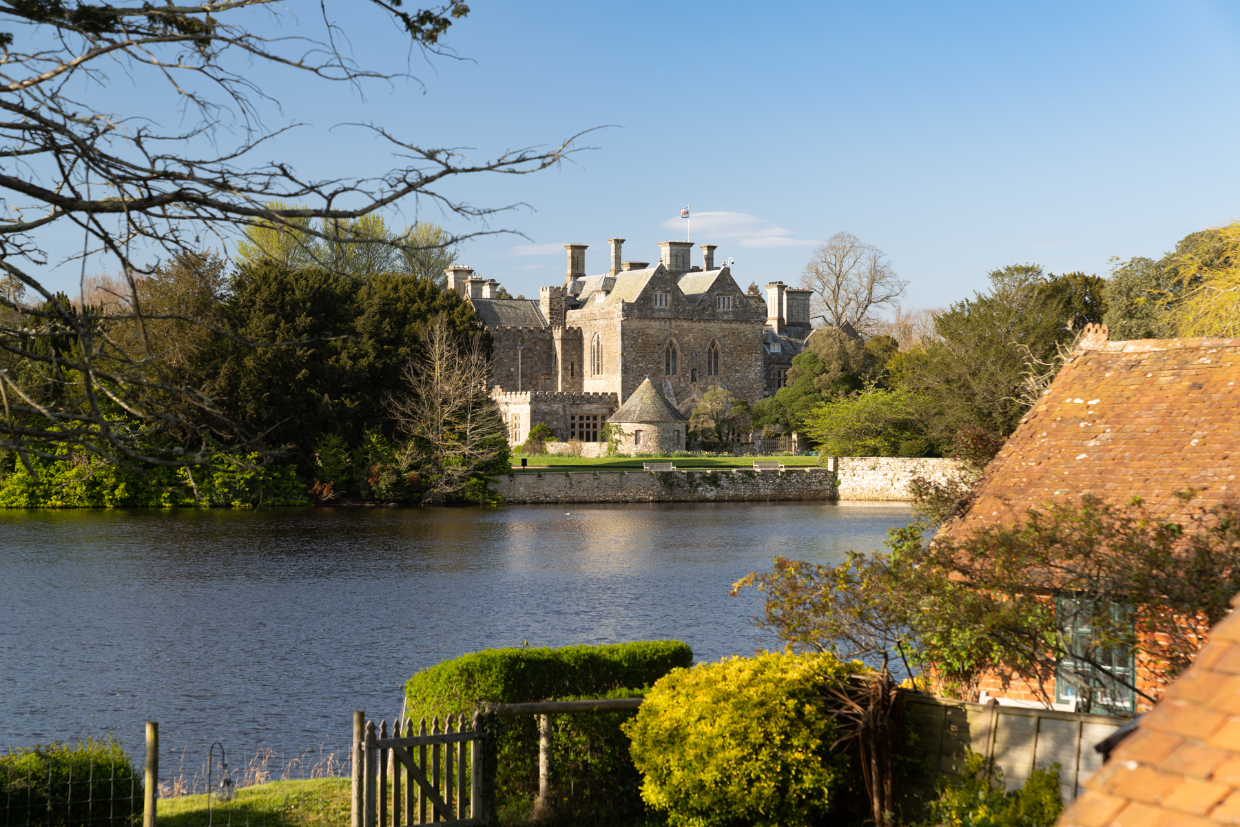 Looking back from the town of Beaulieu to the Beaulieu Palace House.